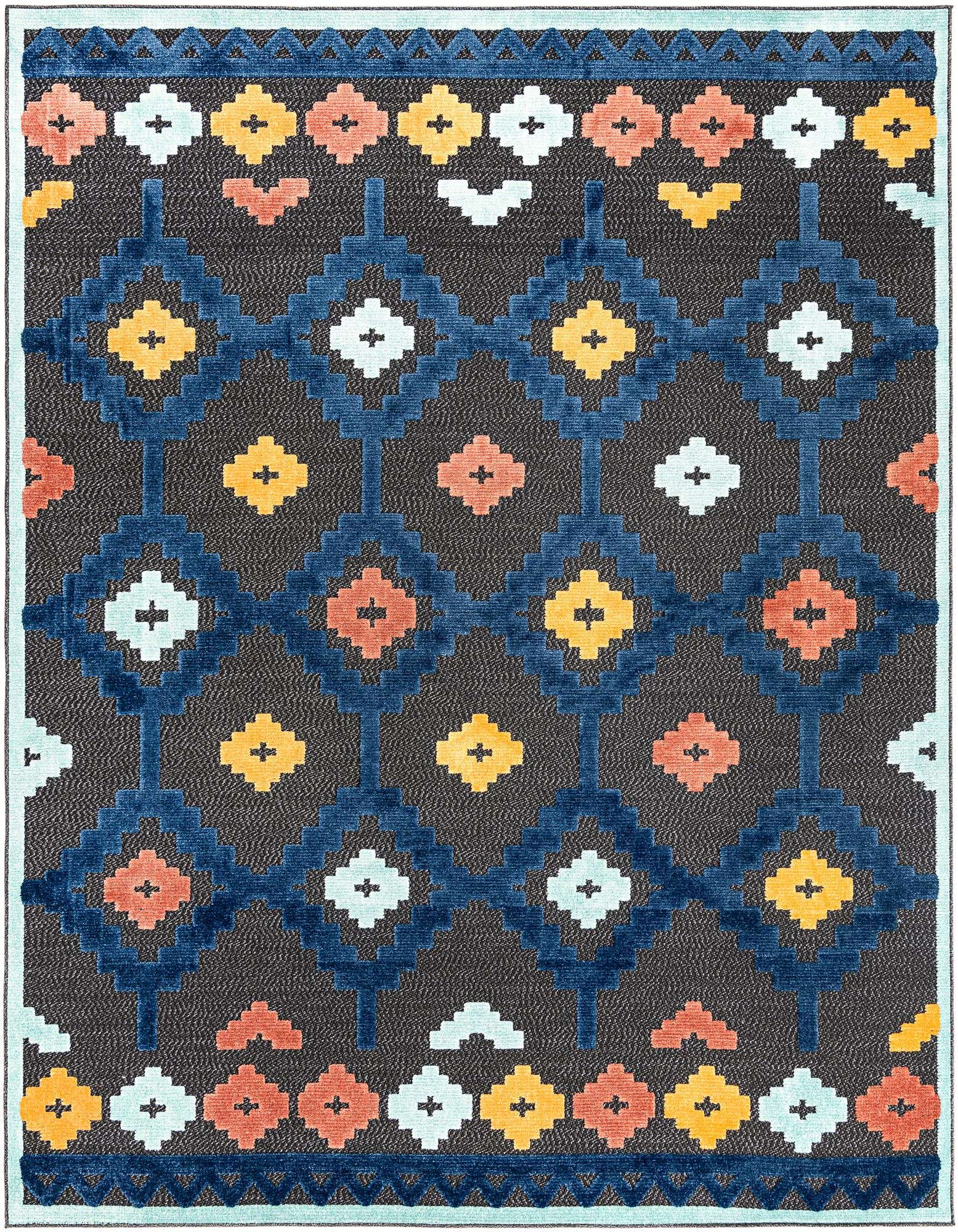 An 8x10 rectangular black and gray outdoor rug with a vibrant bohemian tribal pattern in blue, coral, yellow, and light blue.