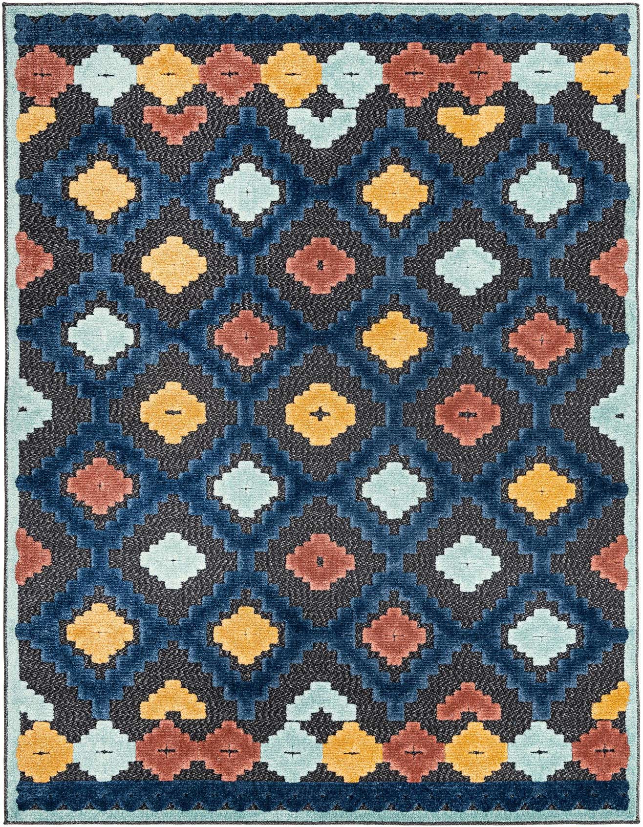 A 5x8 rectangular black and blue rug with a bohemian trellis pattern featuring colorful diamonds in teal, rust, and gold.