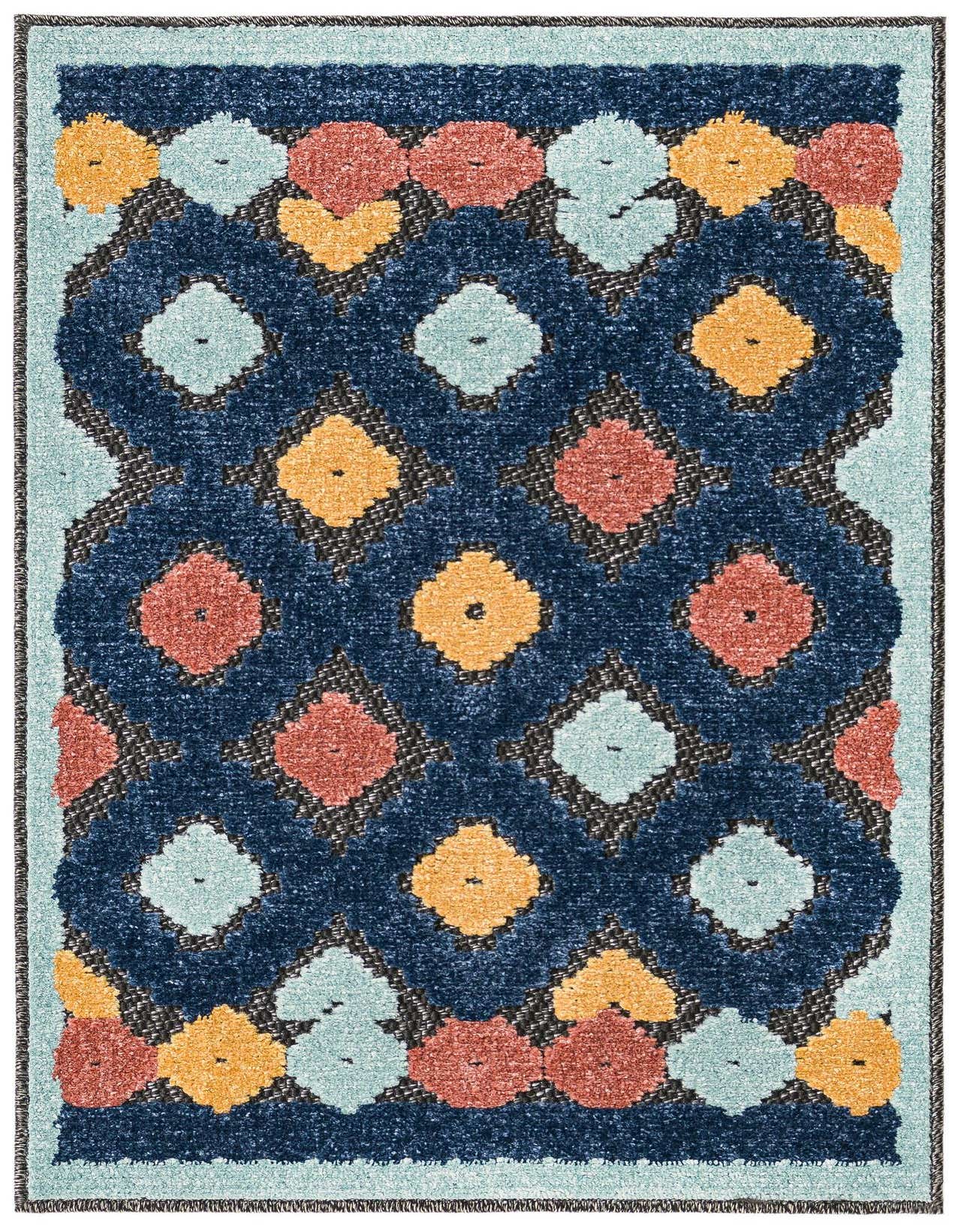 A rectangular 2x3 black and gray bohemian rug with a textured pile, featuring a trellis pattern in coral, light blue, and gold, suitable for indoor/outdoor use.