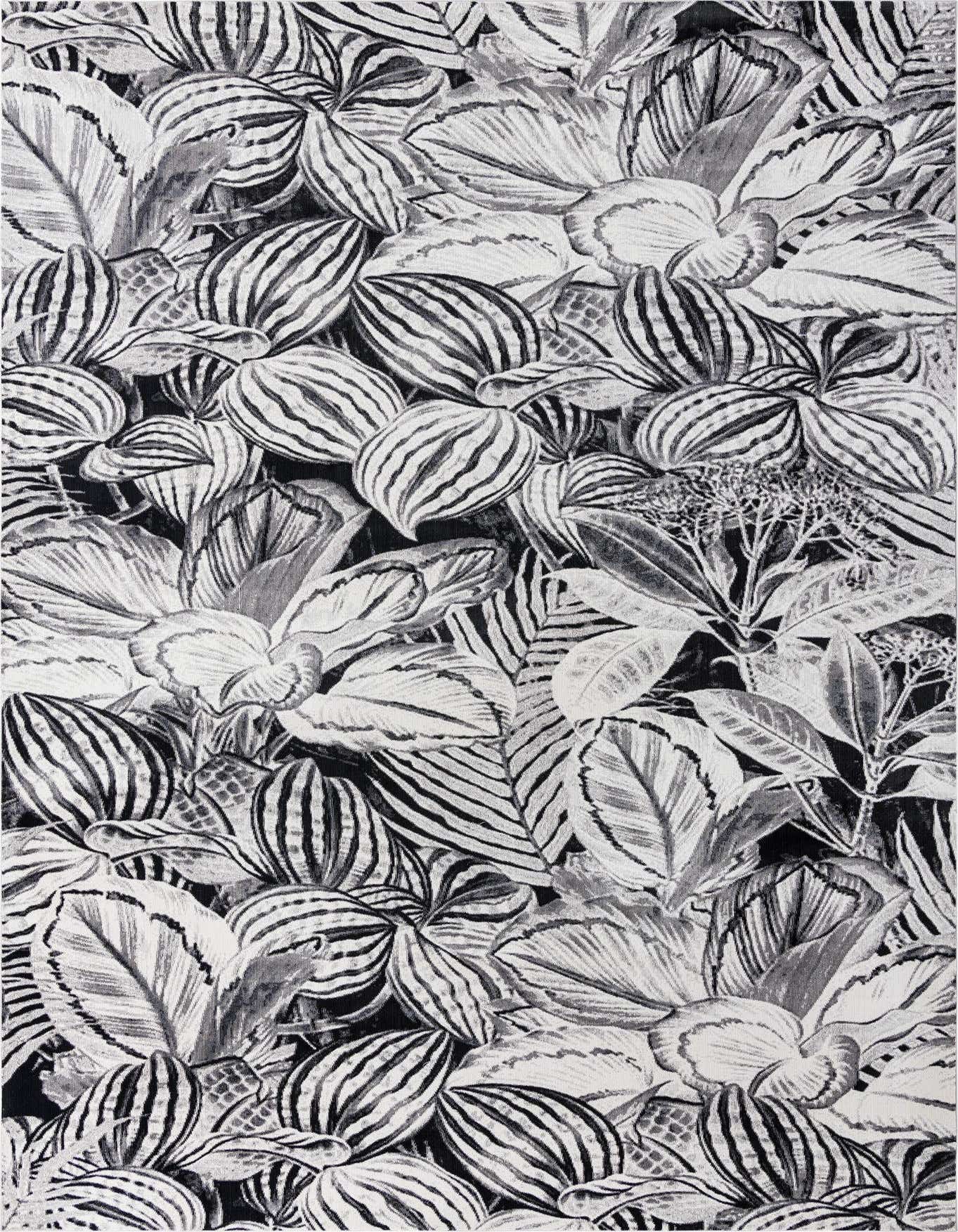 A 10x14 rectangular indoor rug featuring a dense botanical pattern of various leaves in shades of black and gray.