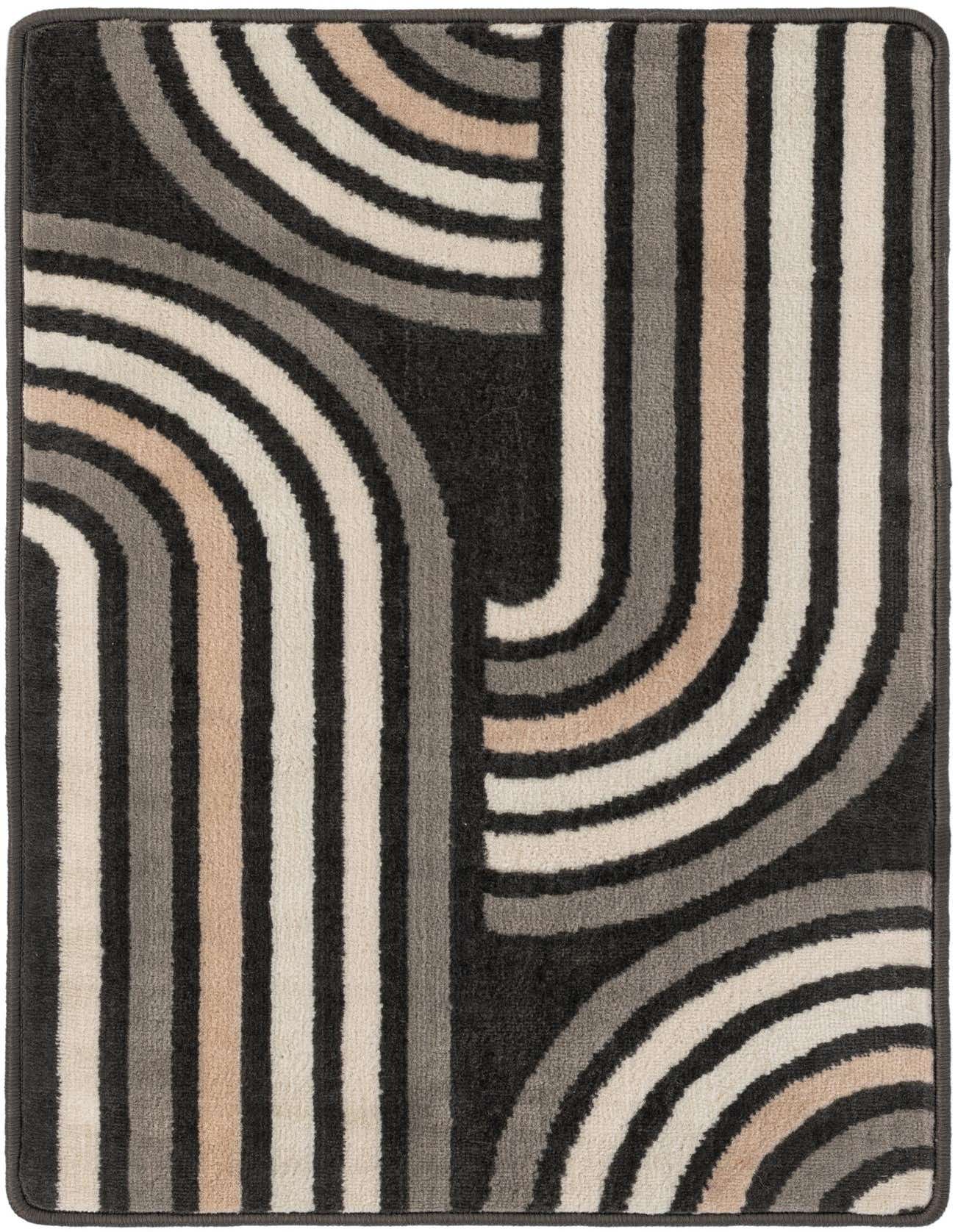 A 2x3 rectangular Charlotte rug in black, gray, and beige with a modern geometric curved stripe pattern.