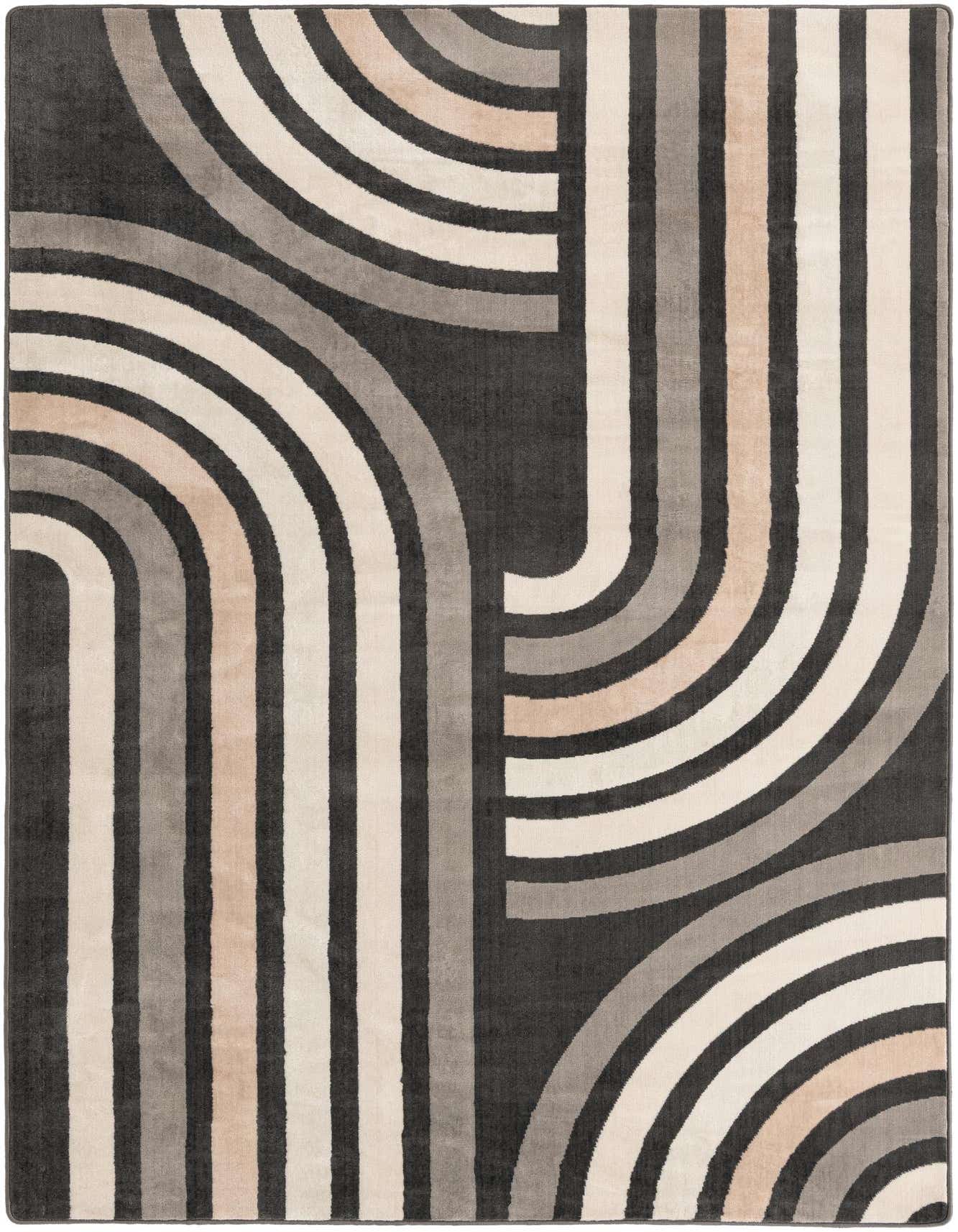A 6x9 rectangular Rugs.com Charlotte rug featuring a modern abstract pattern of black, gray, silver, and beige curved and straight stripes.