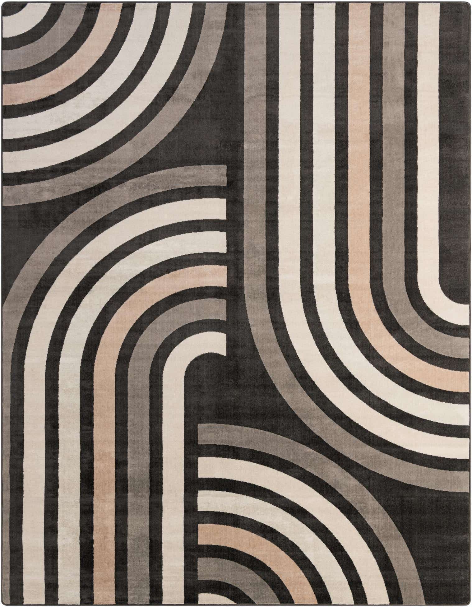 A 9x12 rectangular rug featuring a modern abstract pattern of wide, curving bands in black, gray, cream, and beige on a dark charcoal background.