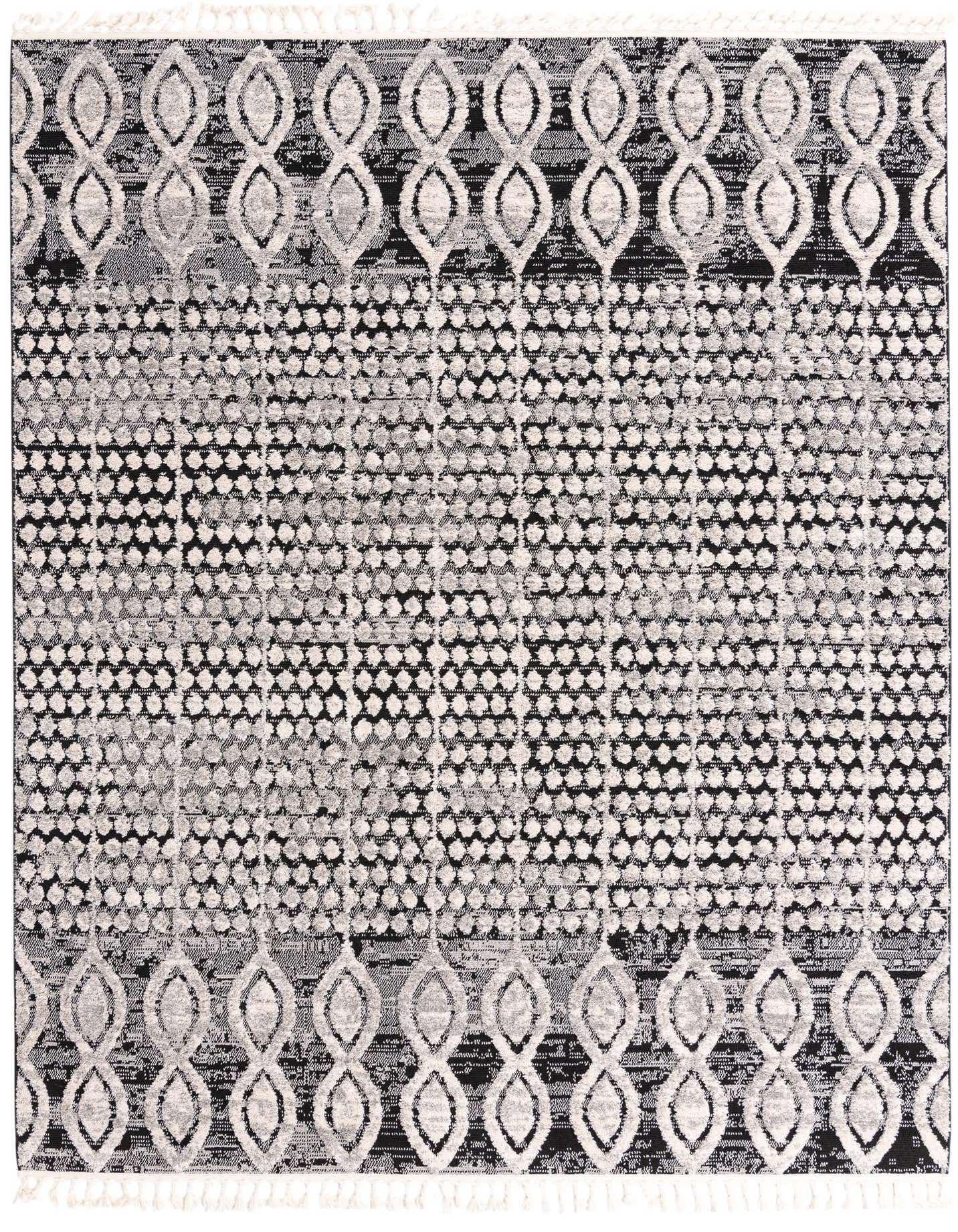 A rectangular 8x10 black and gray tribal rug with a textured, high pile, featuring abstract patterns and fringe.