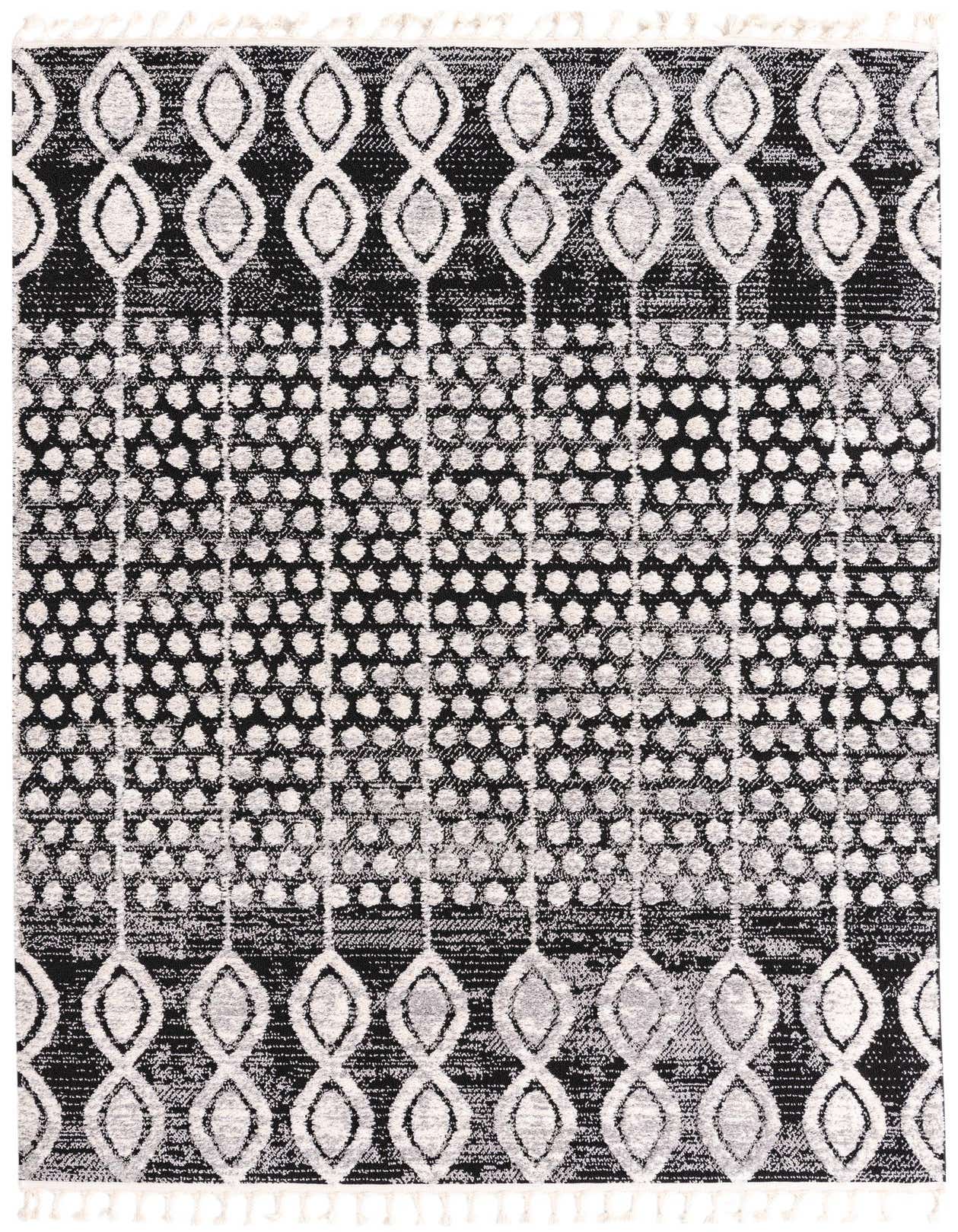 A 6x9 rectangular Rugs.com Cherokee rug featuring a modern tribal pattern in black and gray, with textured pile.