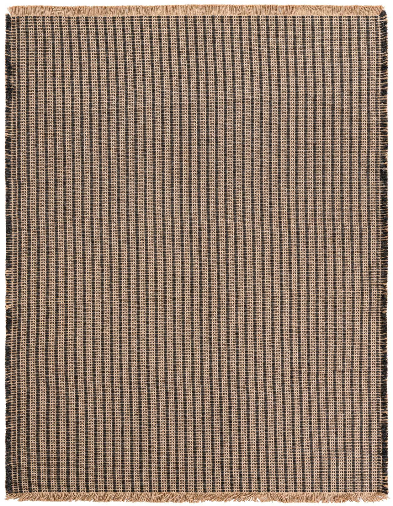 A 5x8 rectangular black and natural jute rug with thin vertical stripes and fringed edges, ideal for an office or living room.
