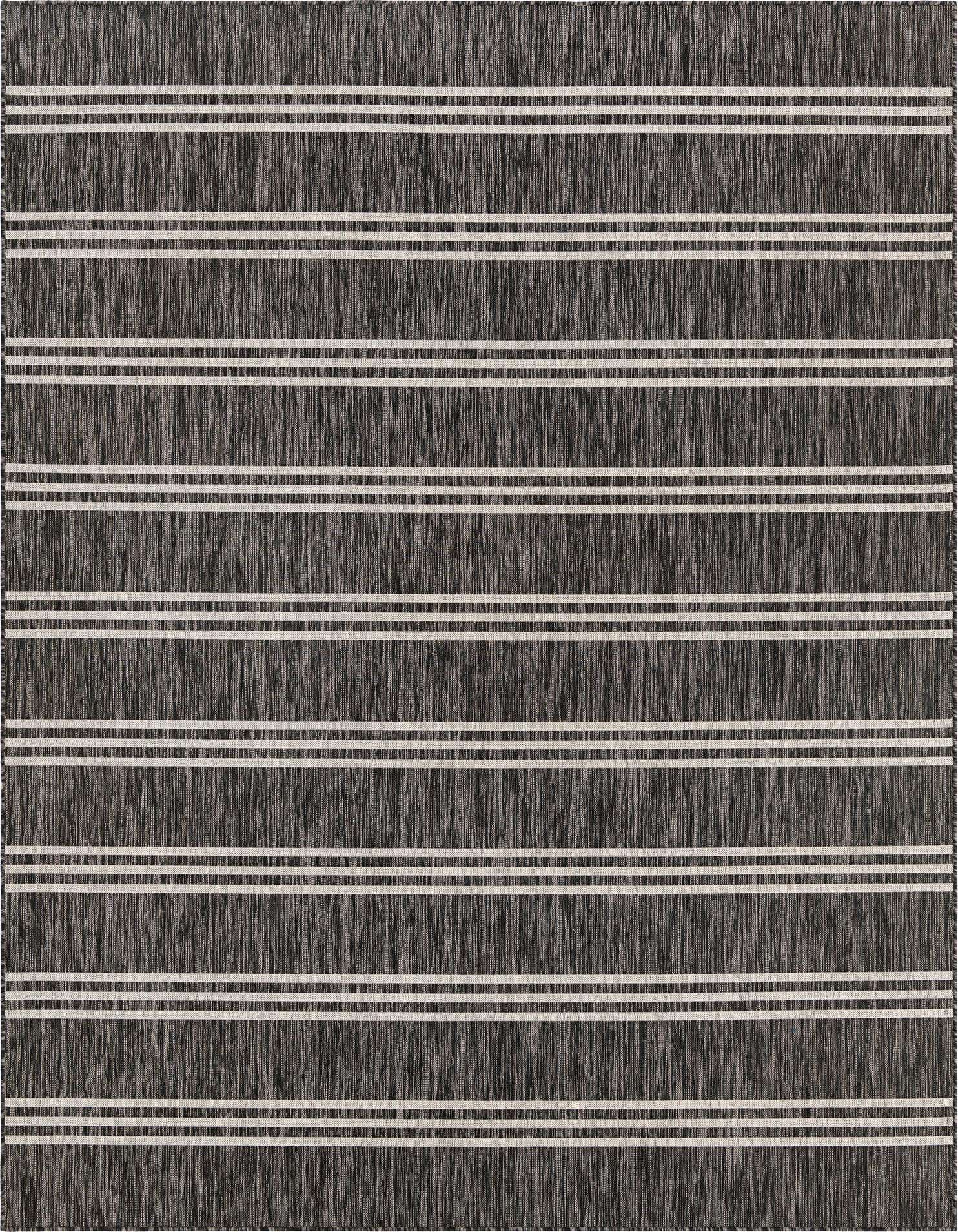 A 9x12 rectangular black and gray striped rug with thin white horizontal lines, suitable for indoor or outdoor use.