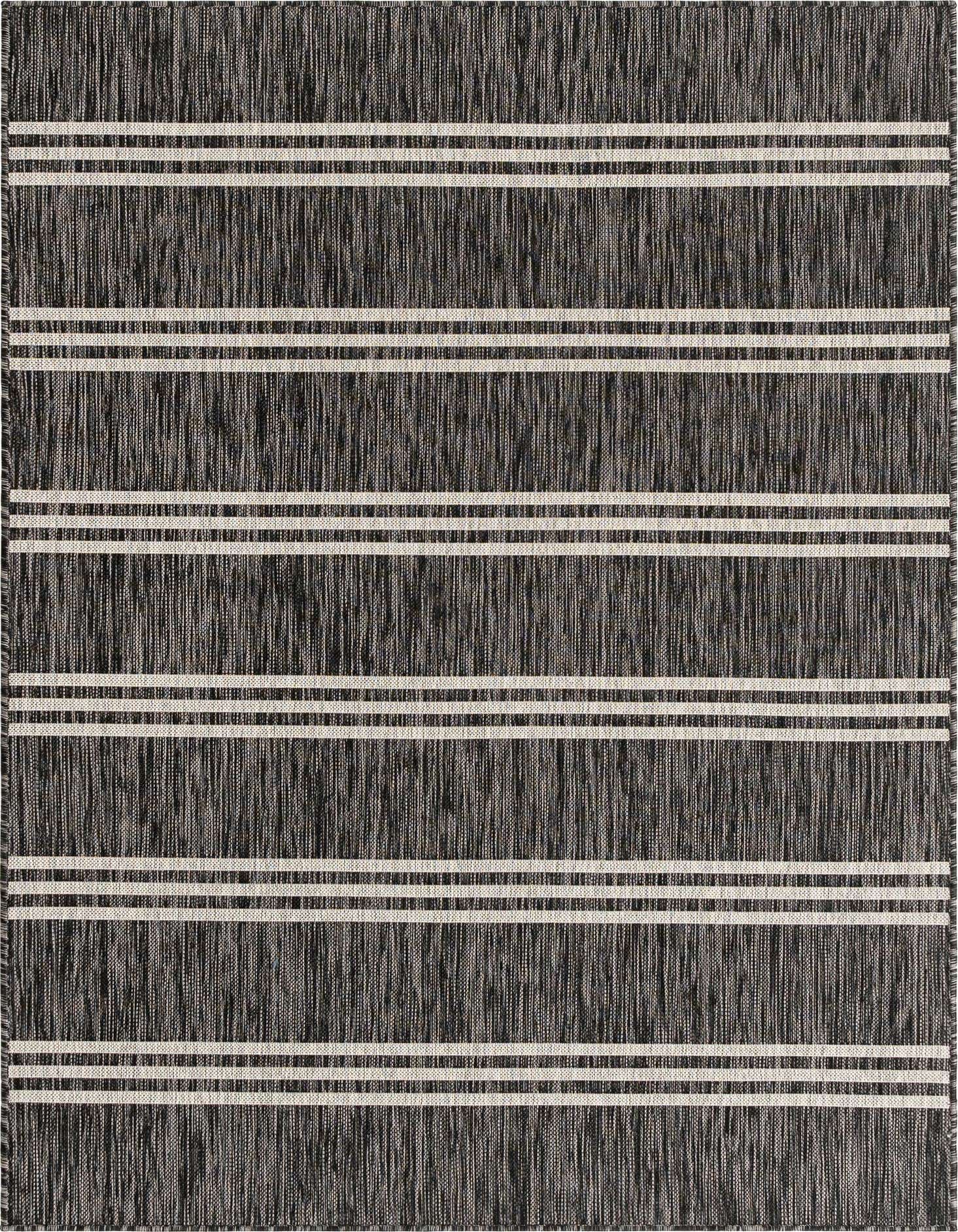 A 5x8 rectangular black and gray textured flatweave rug with thin horizontal white stripes, suitable for indoor or outdoor use.