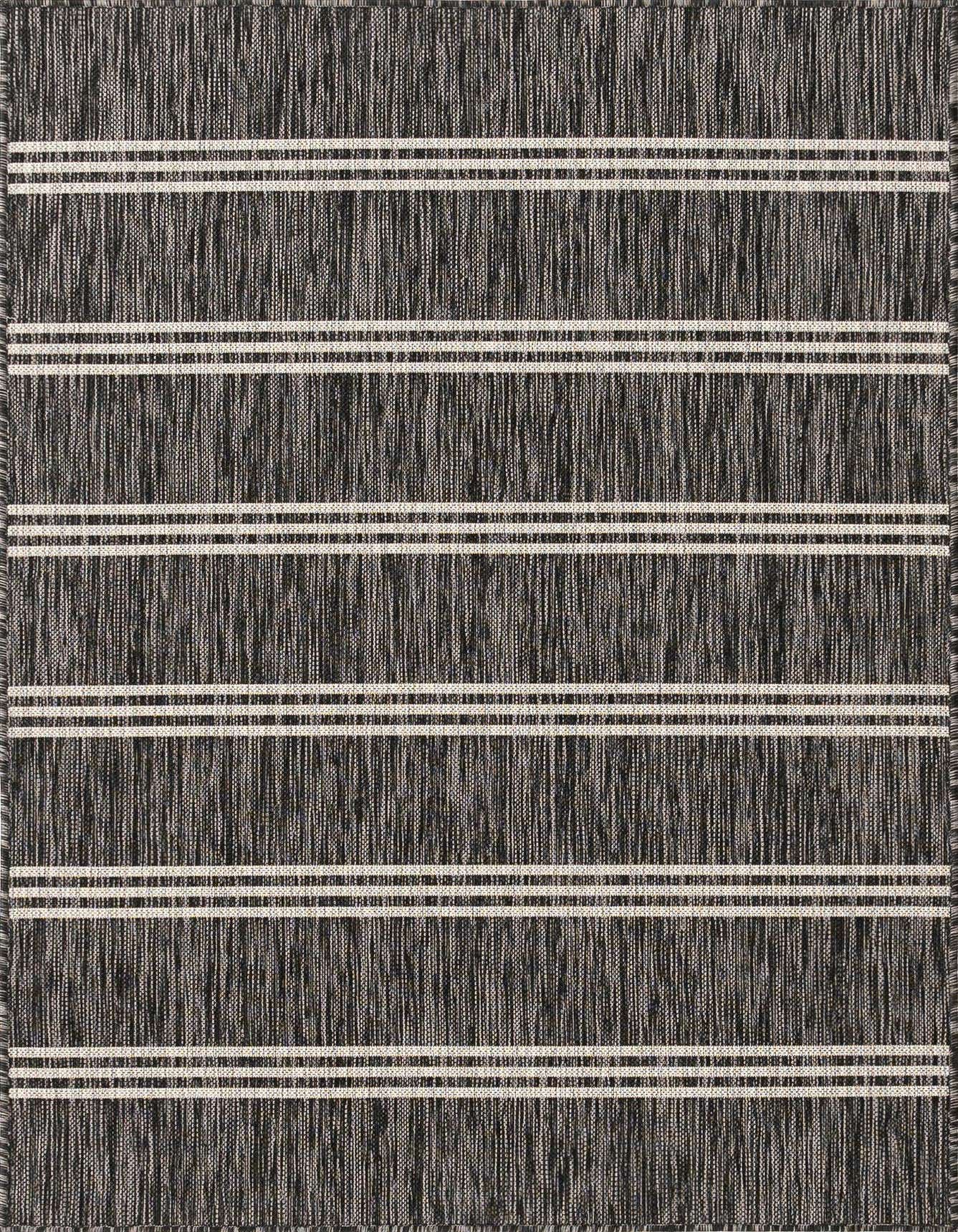 A 4x6 rectangular black and gray outdoor rug with horizontal white stripes, suitable for a patio or living room.