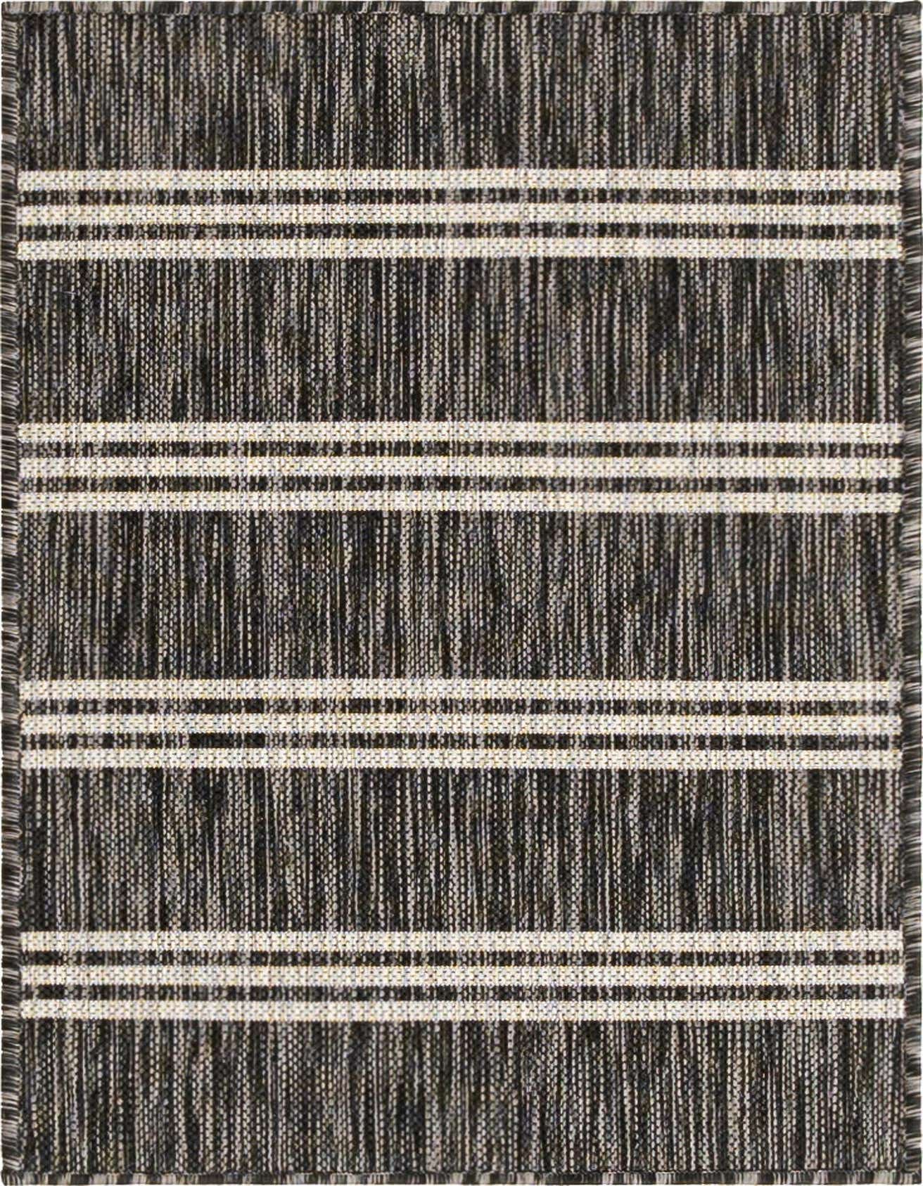 A 2x3 rectangular black and gray outdoor rug with horizontal white stripes, featuring a textured flatweave.