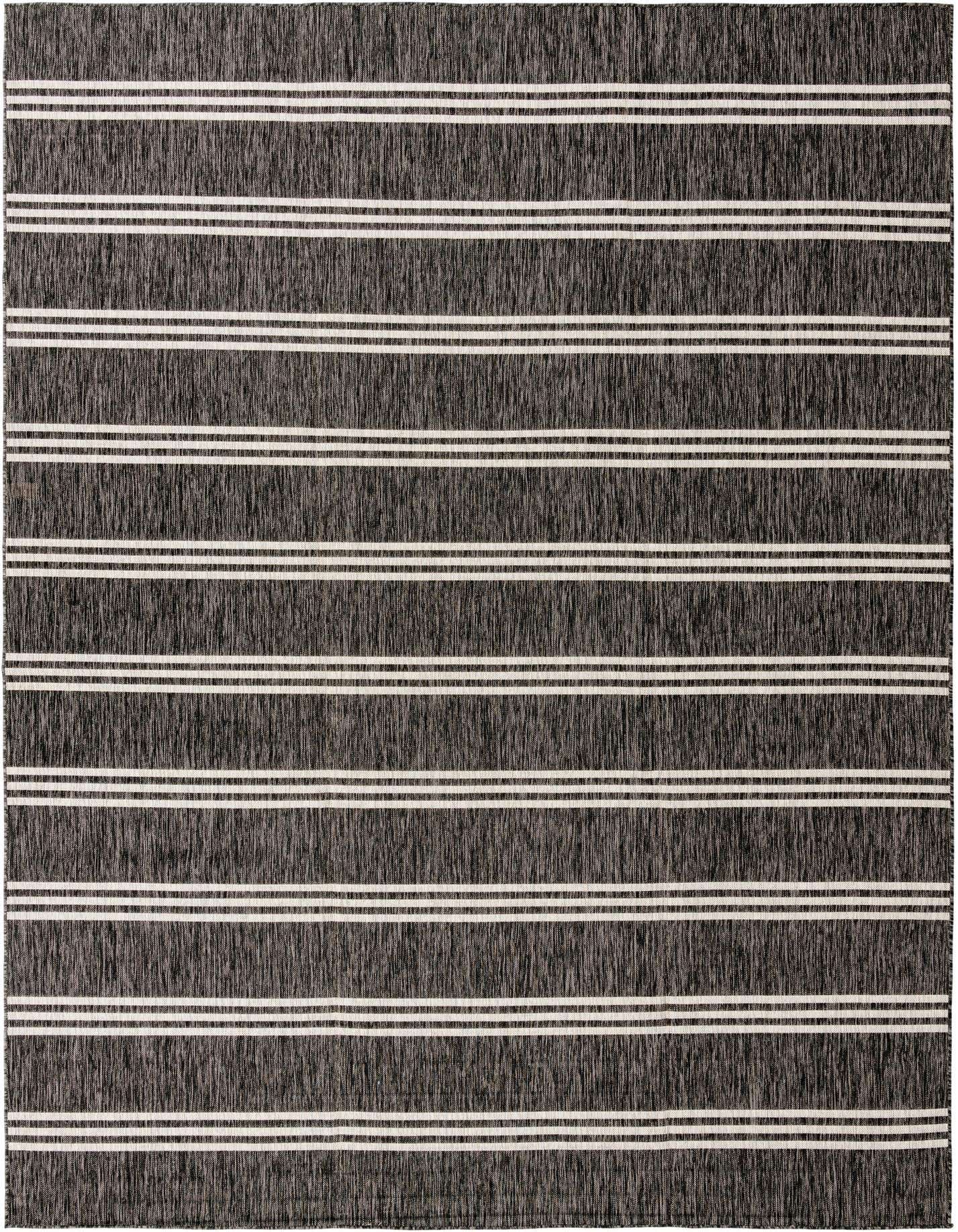 A 10x14 rectangular black and gray striped indoor/outdoor rug with thin white horizontal lines.