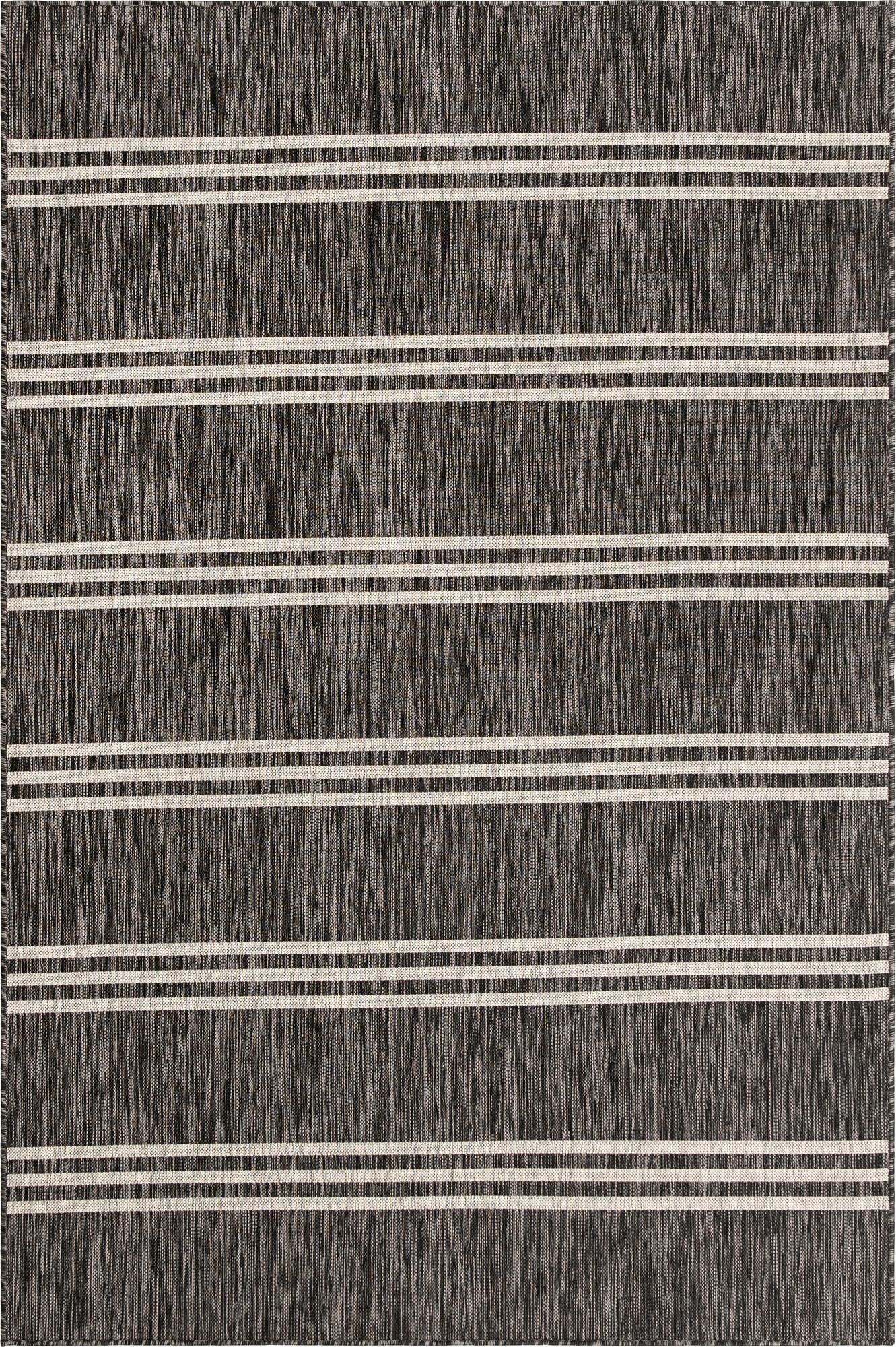 A 6x9 rectangular black and gray textured flatweave rug with thin white horizontal stripes, suitable for indoor or outdoor use.