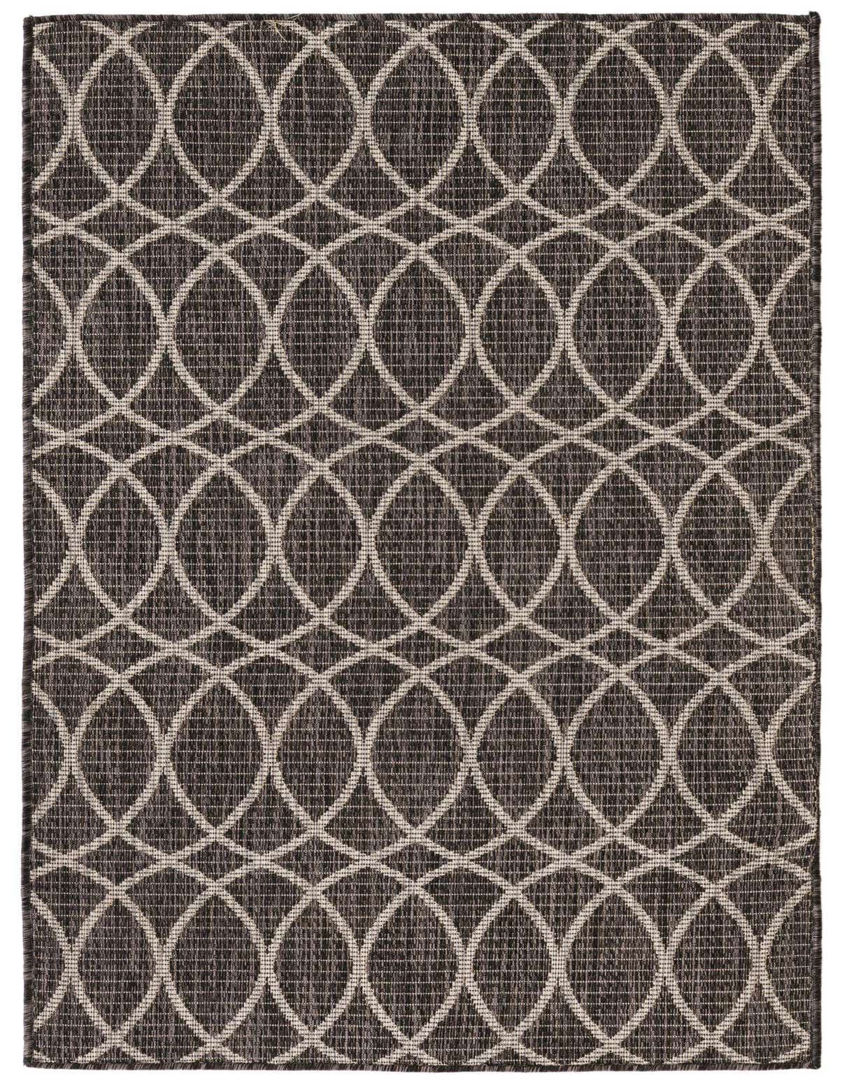 A 3x5 rectangular black and gray modern trellis rug, suitable for indoor or outdoor use.