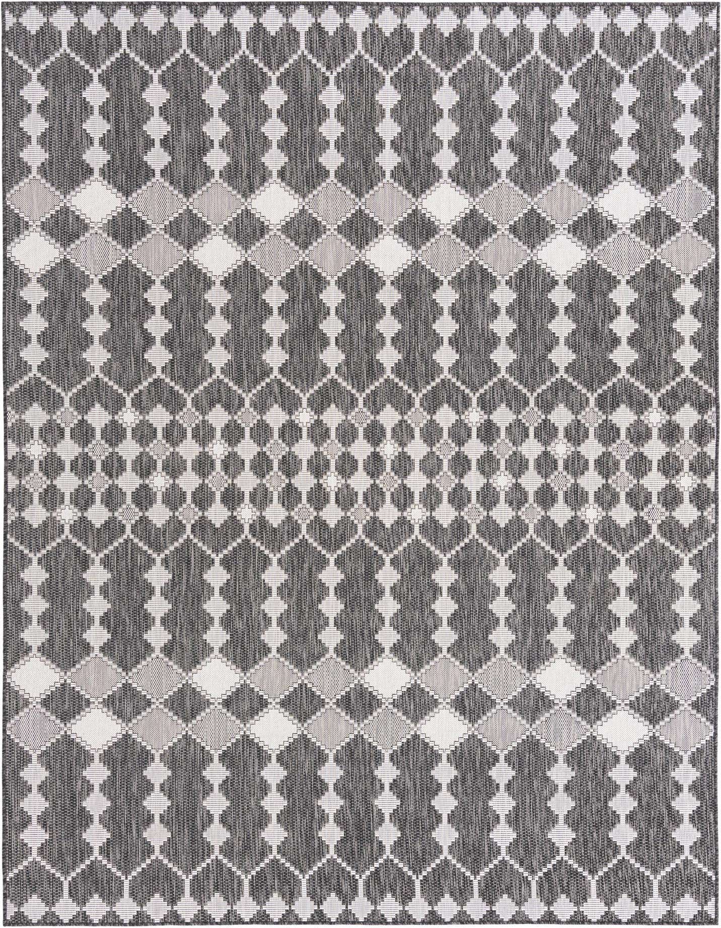 An 8x11 rectangular indoor/outdoor rug featuring a modern tribal trellis pattern in black, gray, and silver.