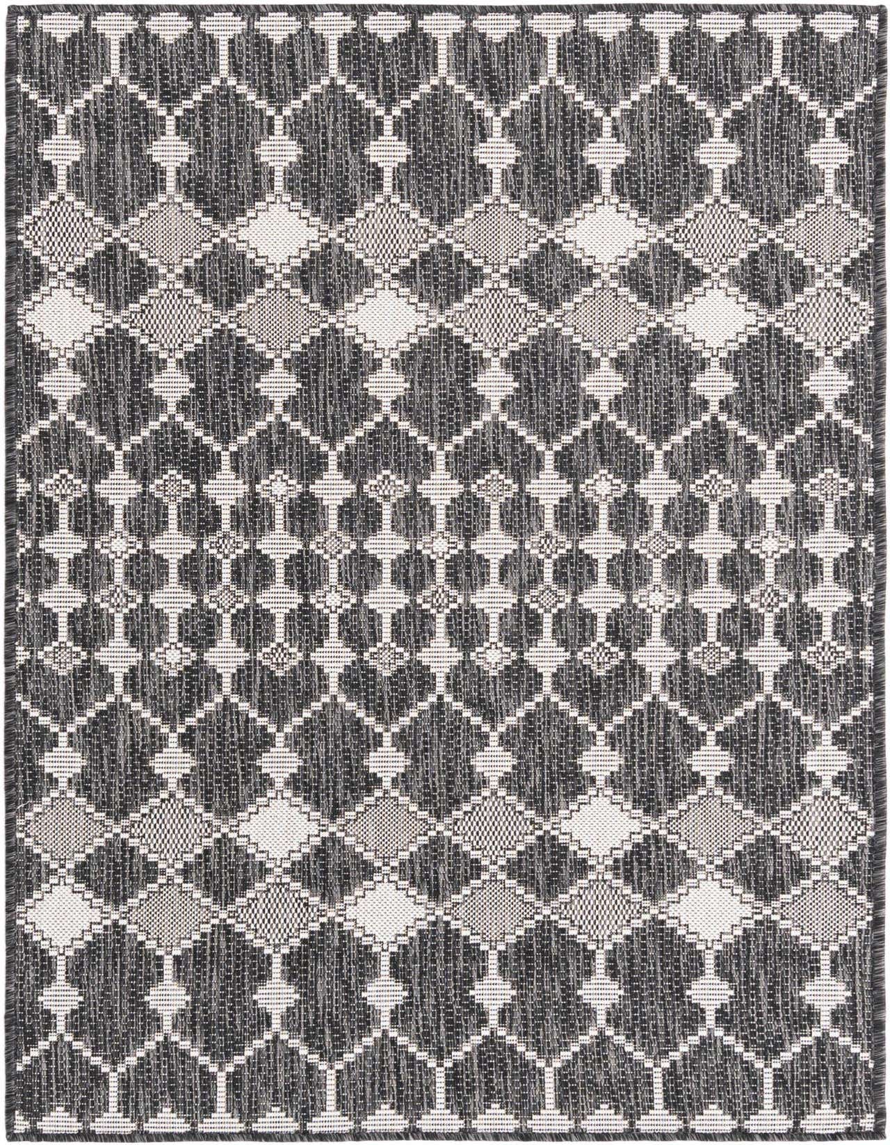 A 3x5 rectangular black and gray outdoor rug with a modern trellis pattern, suitable for a patio or entryway.