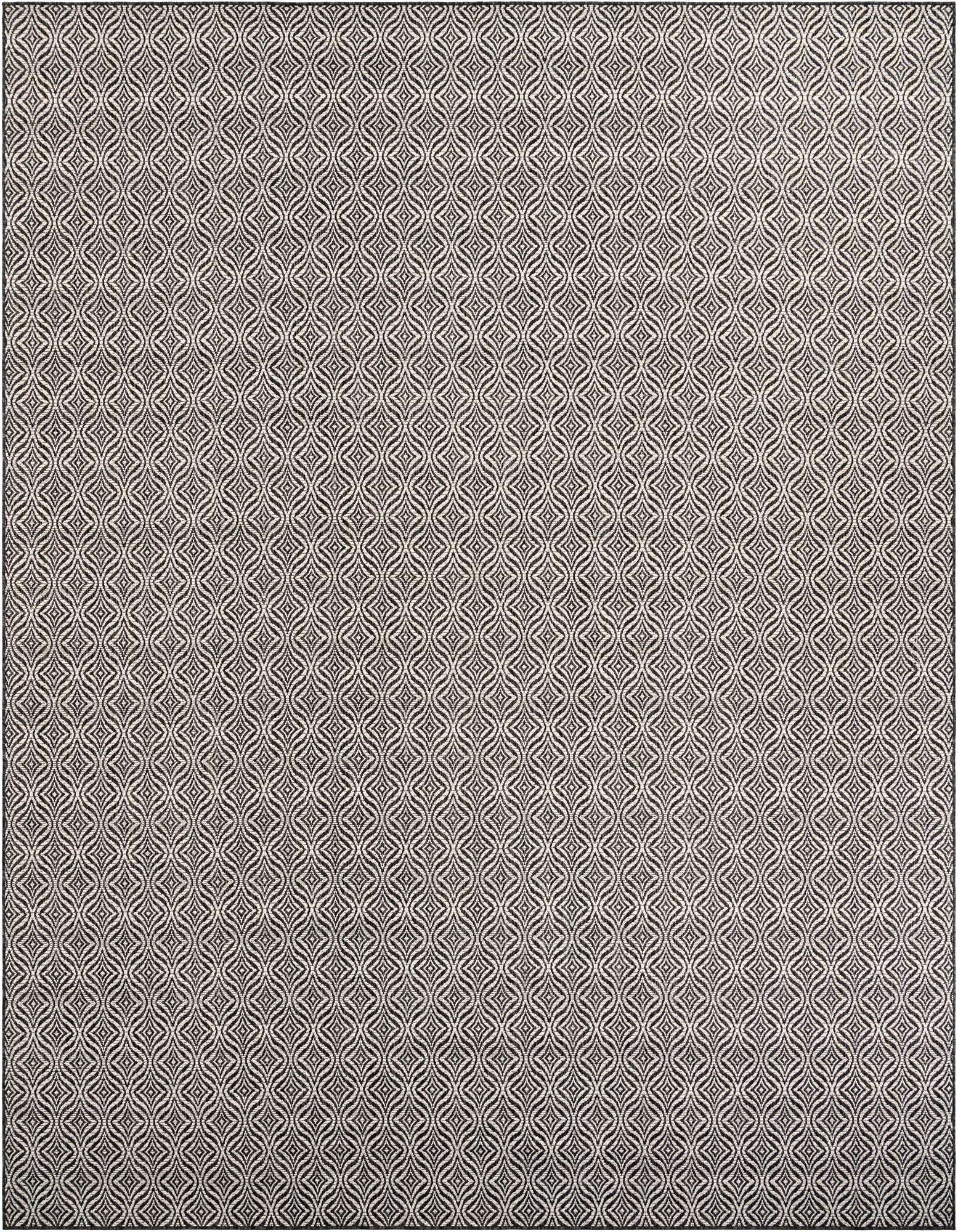 A 10x13 rectangular black and gray modern trellis pattern rug, suitable for indoor or outdoor spaces.