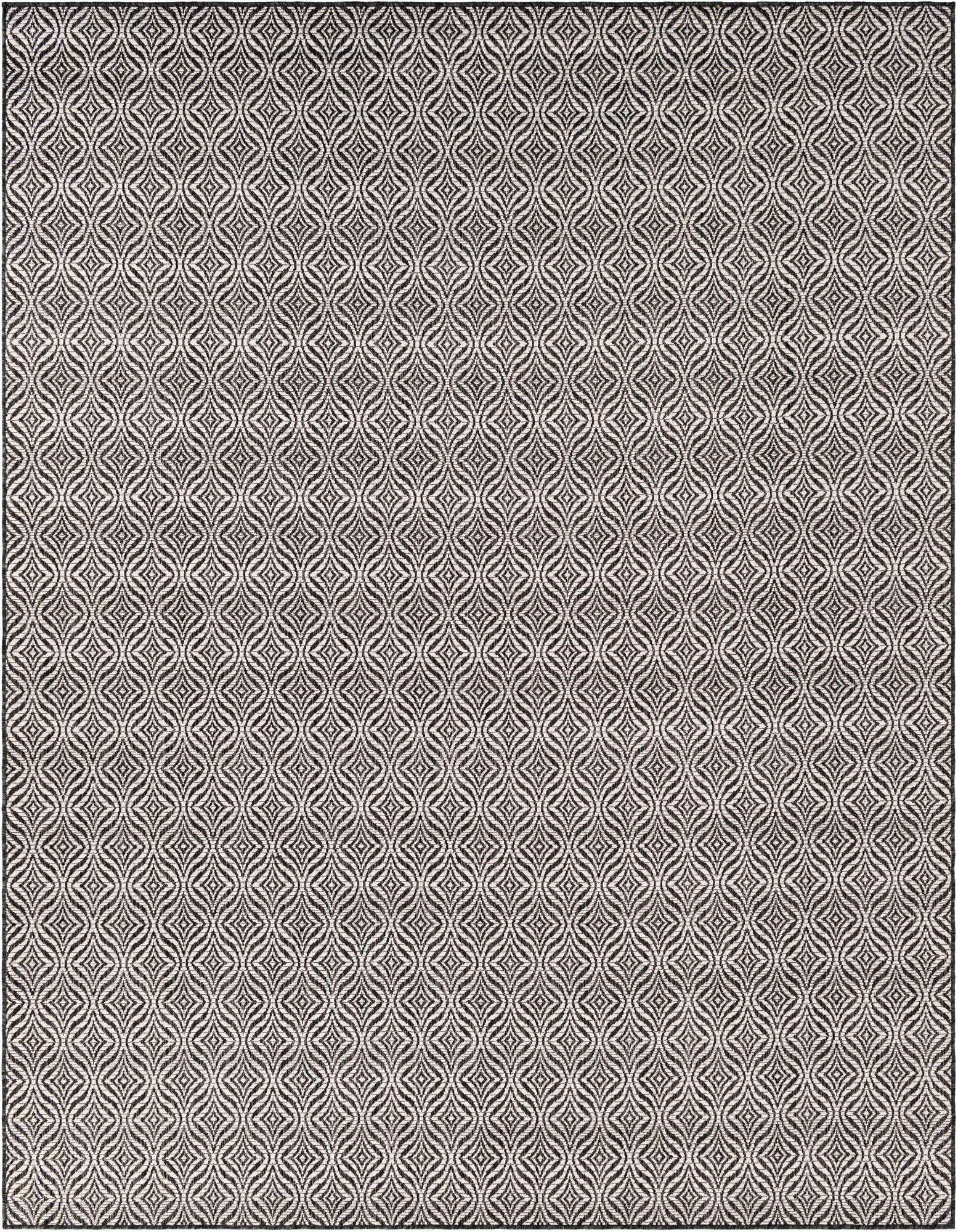 An 8x10 rectangular black and white modern trellis rug with a flatweave texture, suitable for indoor or outdoor use.
