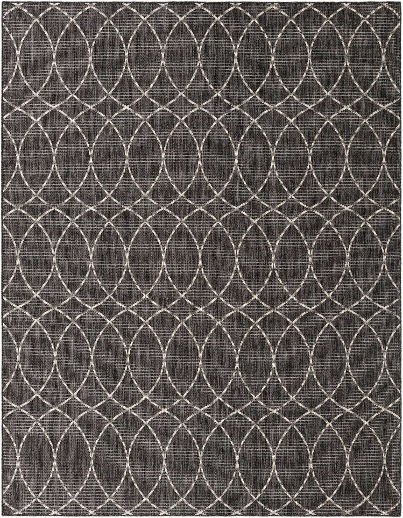 Rectangular black and gray modern trellis rug with a flatweave texture, suitable for indoor or outdoor use.