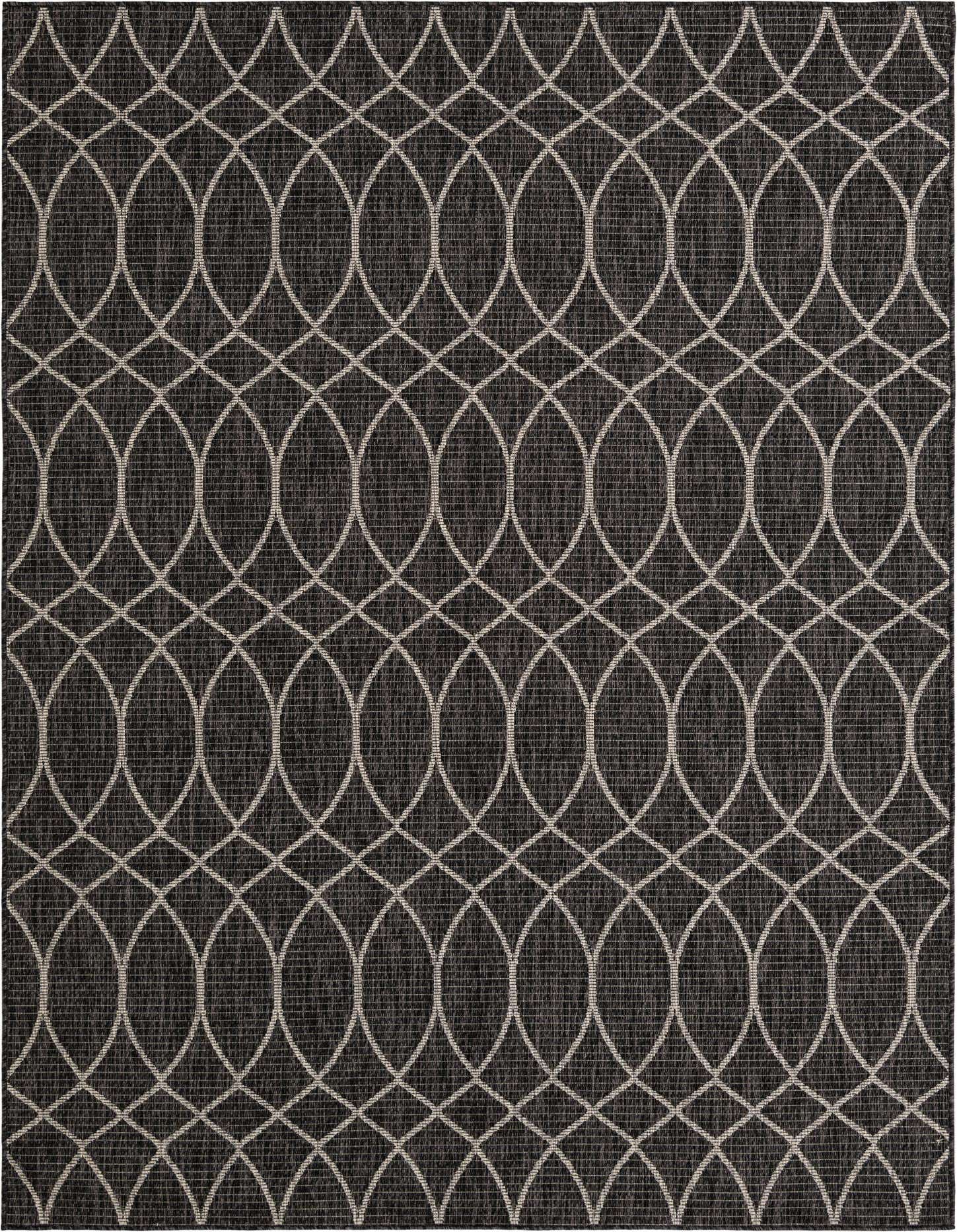 A 6x9 rectangular black and gray modern trellis rug with a flatweave texture, suitable for indoor or outdoor use.