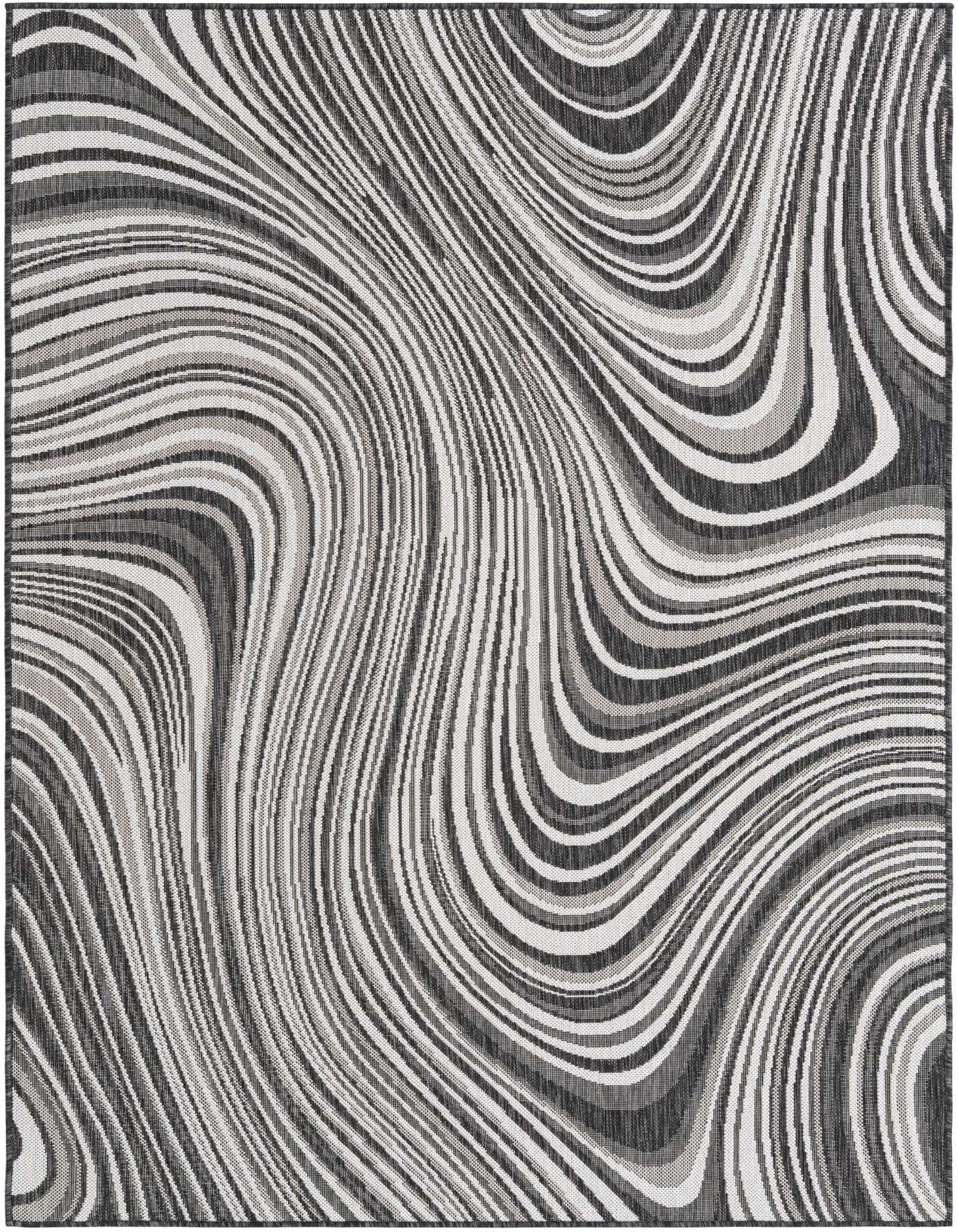 An 8x11 rectangular rug with a modern, wavy striped pattern in shades of black, gray, and silver.