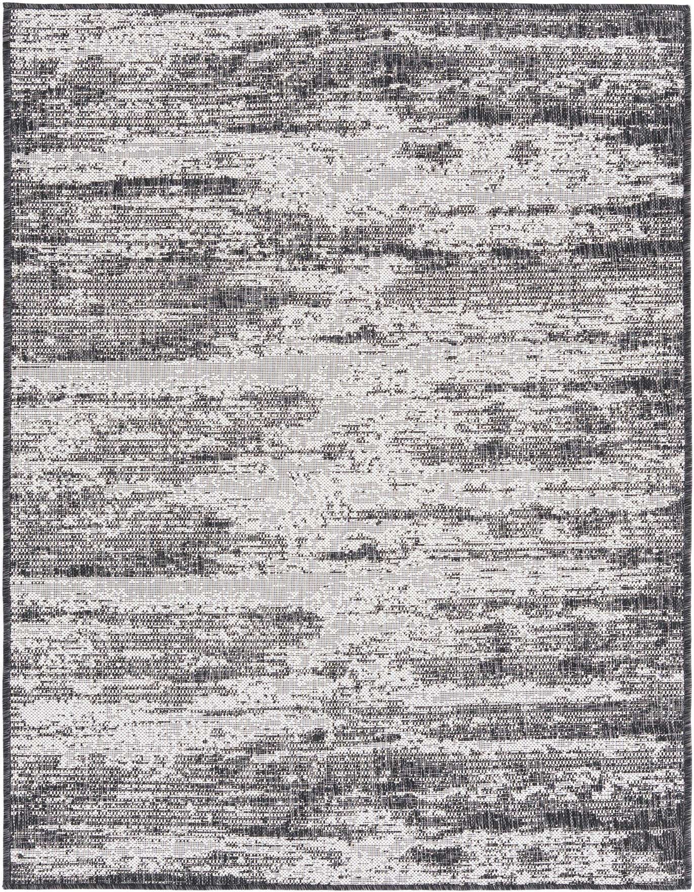 A 4x6 rectangular indoor/outdoor rug with a modern abstract pattern in black and gray, featuring a flatweave texture.