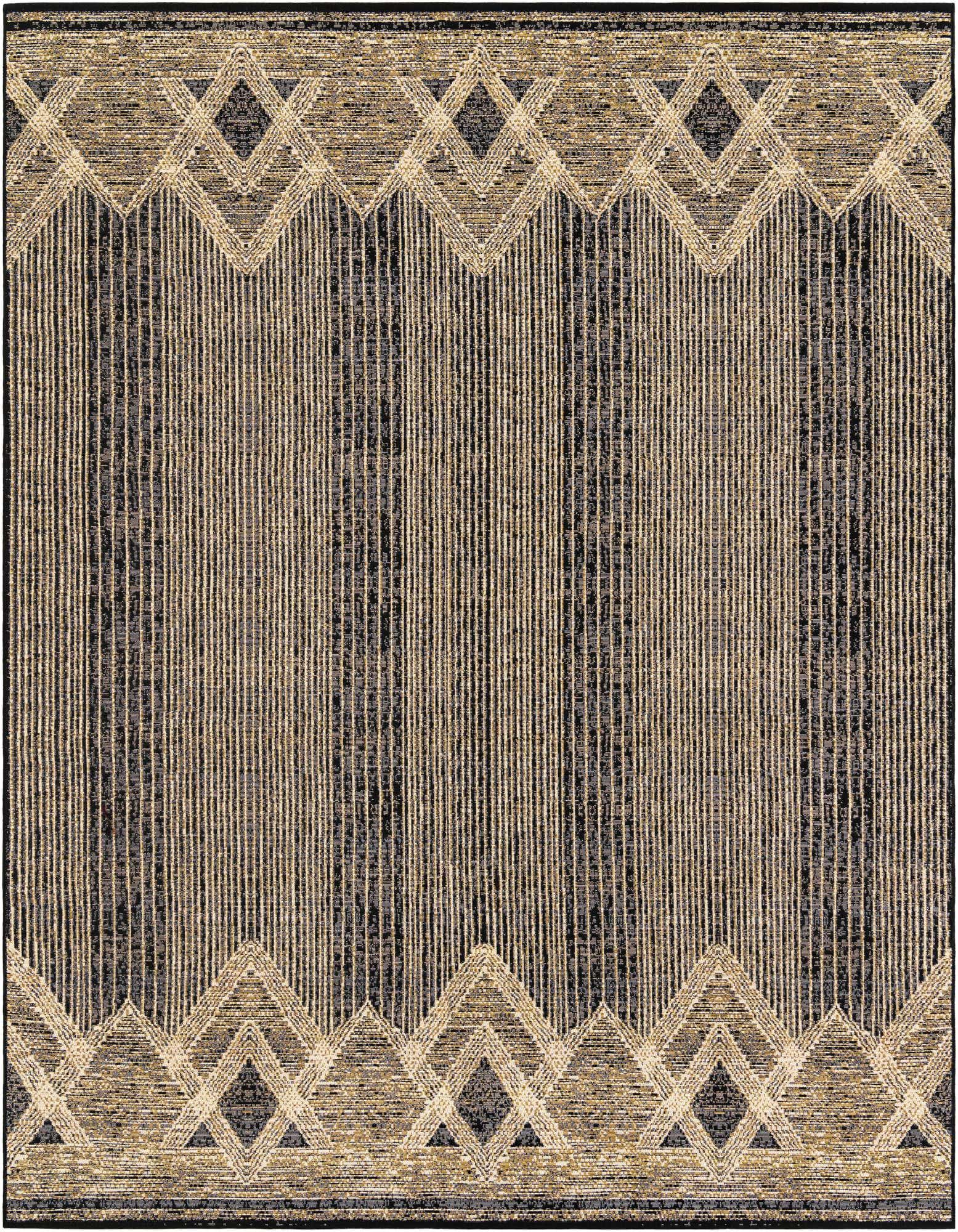 A rectangular 8x10 black and gray modern rug with a striped pattern and diamond border, suitable for indoor or outdoor use.