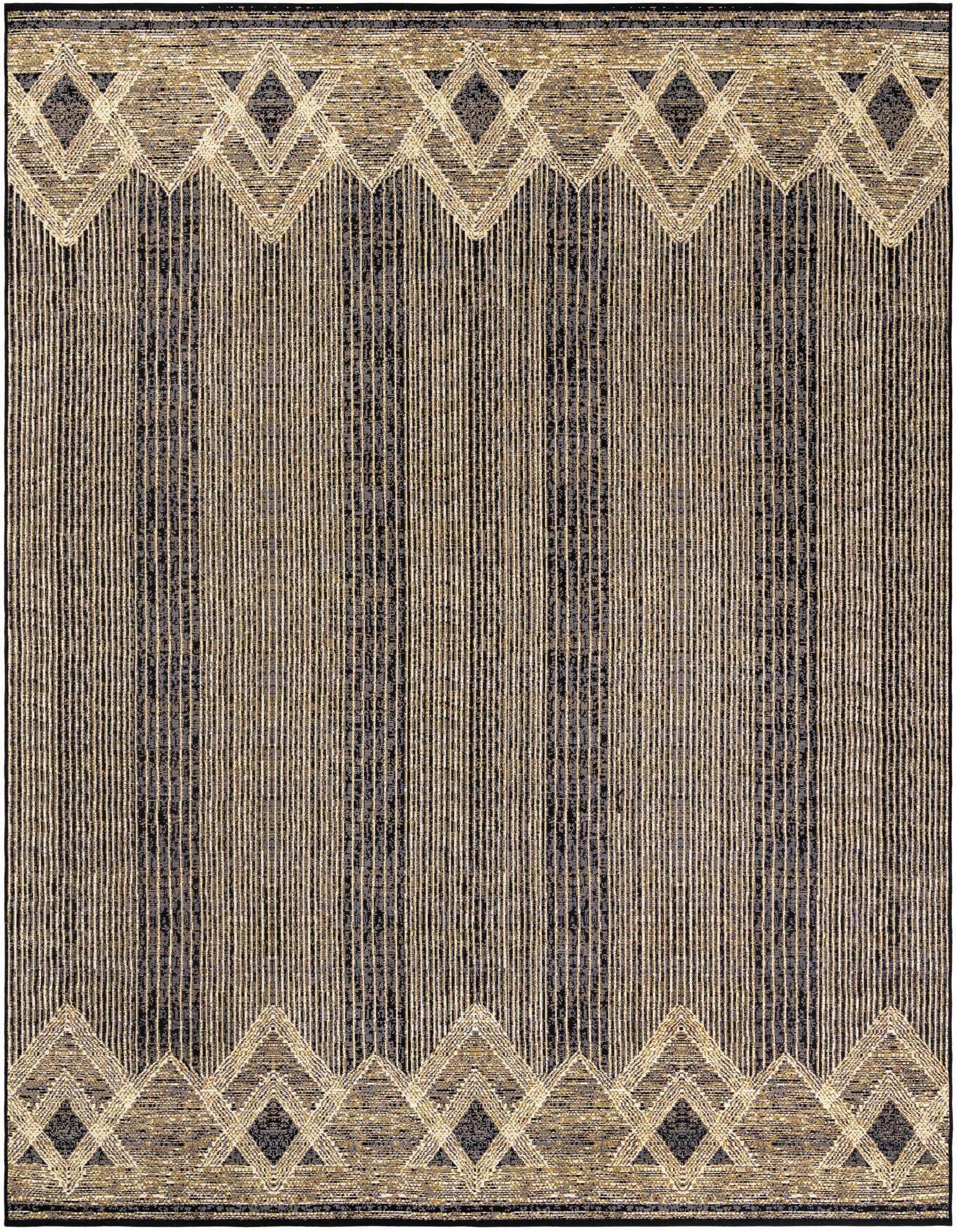 A 9x12 rectangular black and gold modern indoor/outdoor rug with a striped pattern and geometric diamond borders.