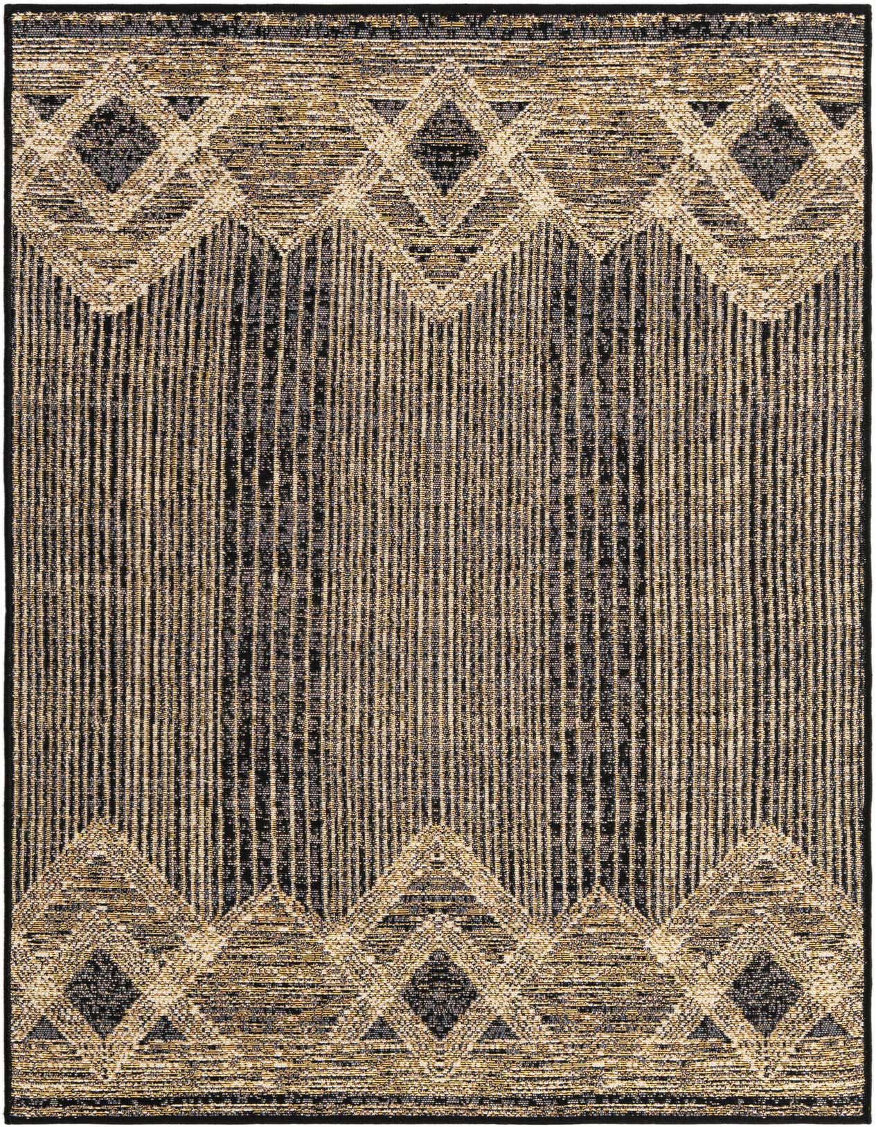 A 3x5 rectangular black and gold modern flatweave rug with a textured striped center and geometric diamond borders, suitable for indoor or outdoor use.