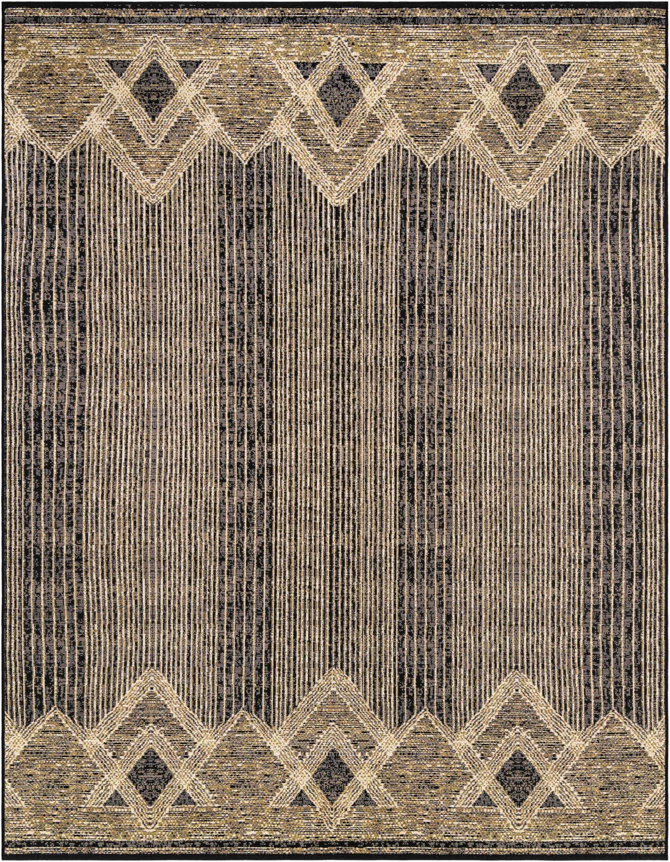 A 7x10 rectangular black and gray modern rug with a gold geometric pattern and vertical stripes, suitable for indoor or outdoor use.