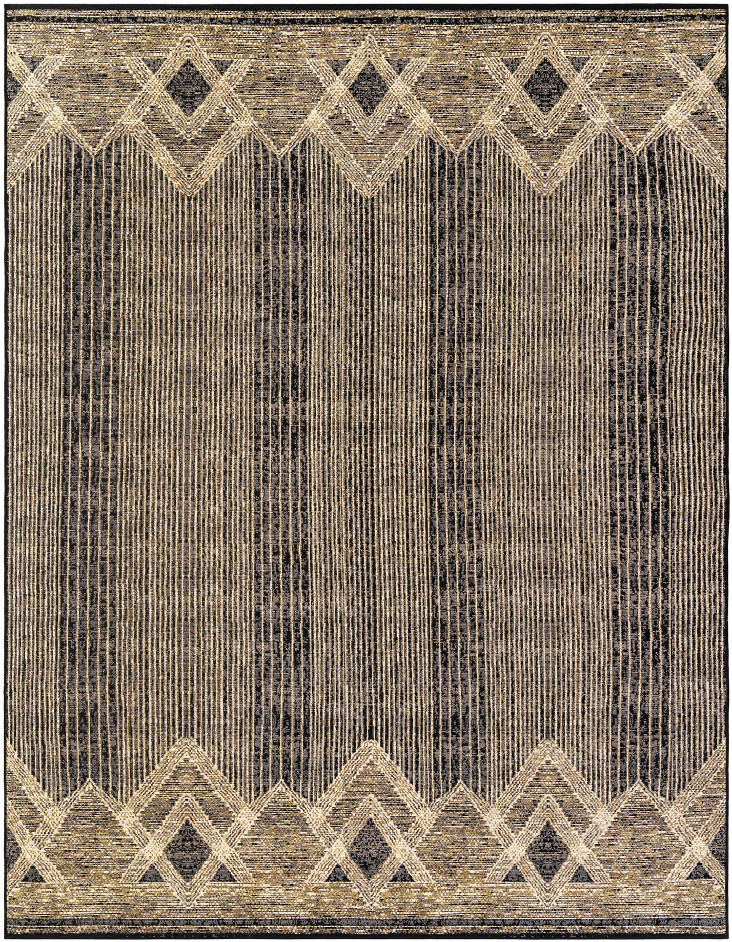 An 8x11 rectangular modern indoor/outdoor rug featuring a black and gray background with vertical gold stripes and geometric diamond borders.