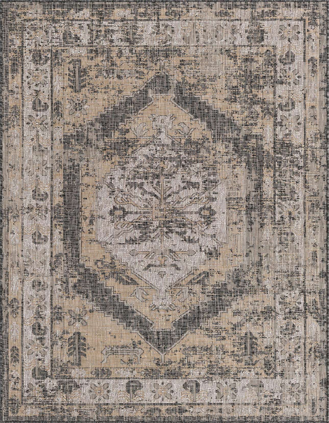 A 5x8 rectangular black and gray Southwestern style rug with a distressed traditional medallion pattern, suitable for indoor or outdoor use.