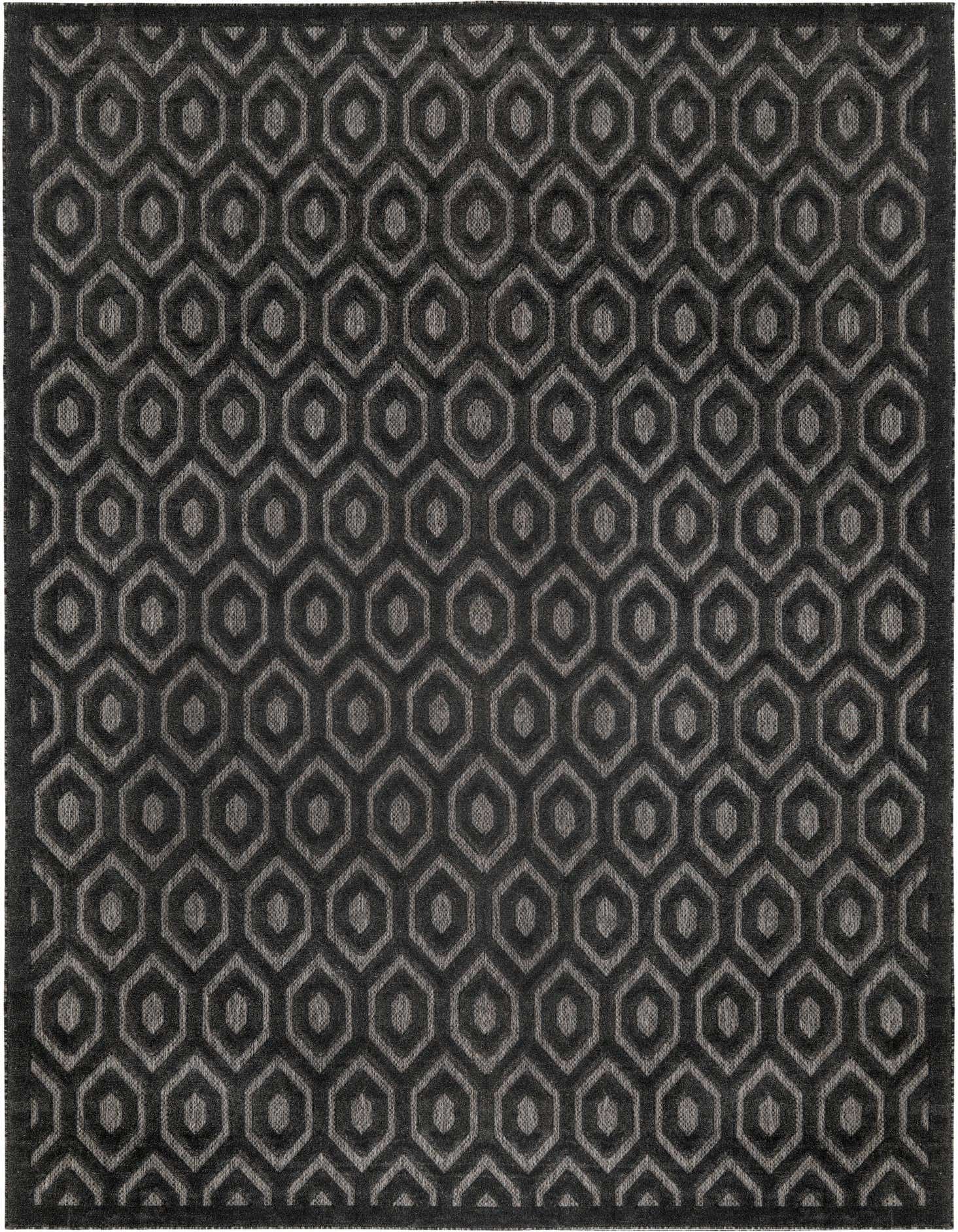 A 9x12 rectangular black and gray modern area rug with a repeating geometric honeycomb pattern, suitable for indoor or outdoor use.