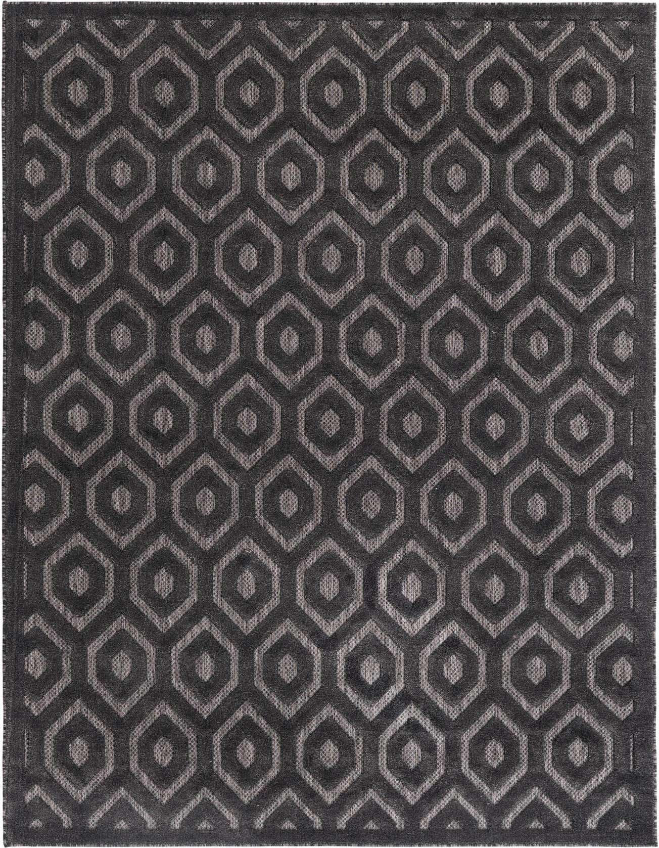 A 6x9 rectangular black and gray modern rug with a repeating geometric honeycomb pattern, suitable for indoor or outdoor use.