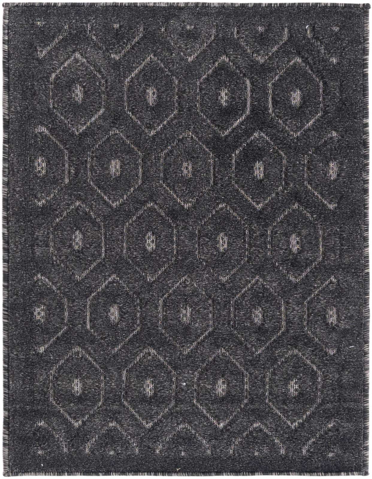 A 2x3 rectangular black and gray outdoor rug with a modern textured geometric trellis pattern.