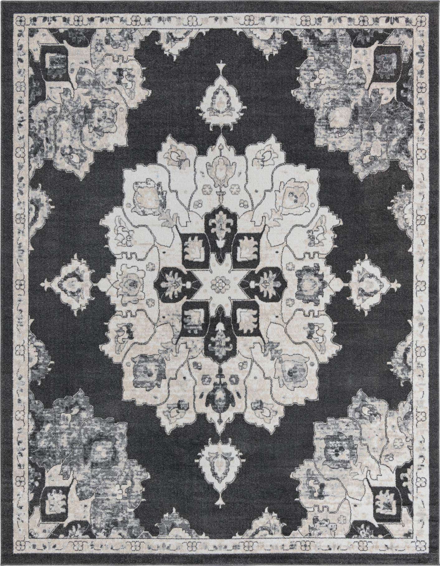 A 10x14 rectangular Rugs.com Parker rug featuring a distressed traditional medallion pattern in black, gray, and off-white.