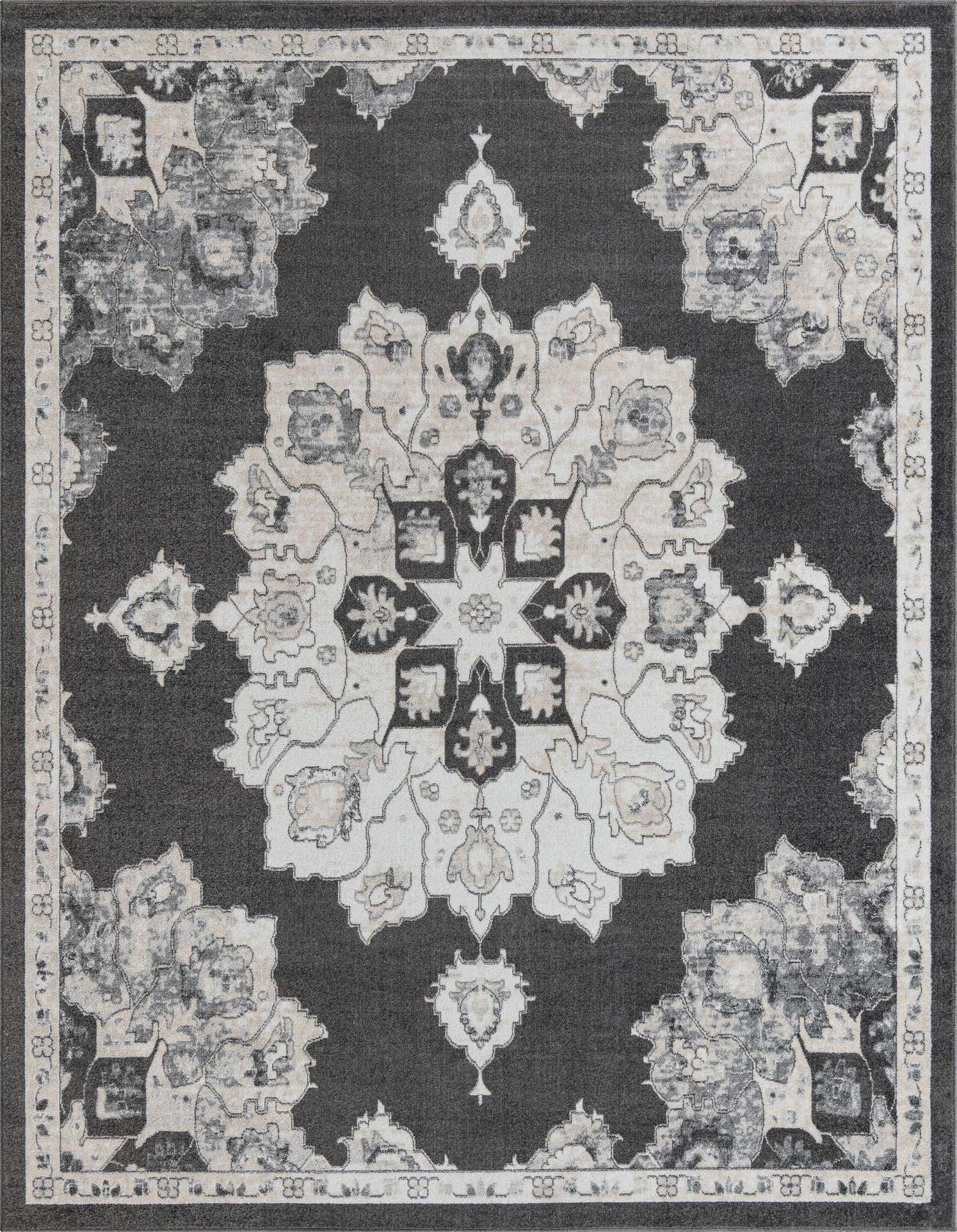 A 9x12 rectangular Rugs.com Parker rug featuring a distressed traditional medallion pattern in black, gray, and silver tones.
