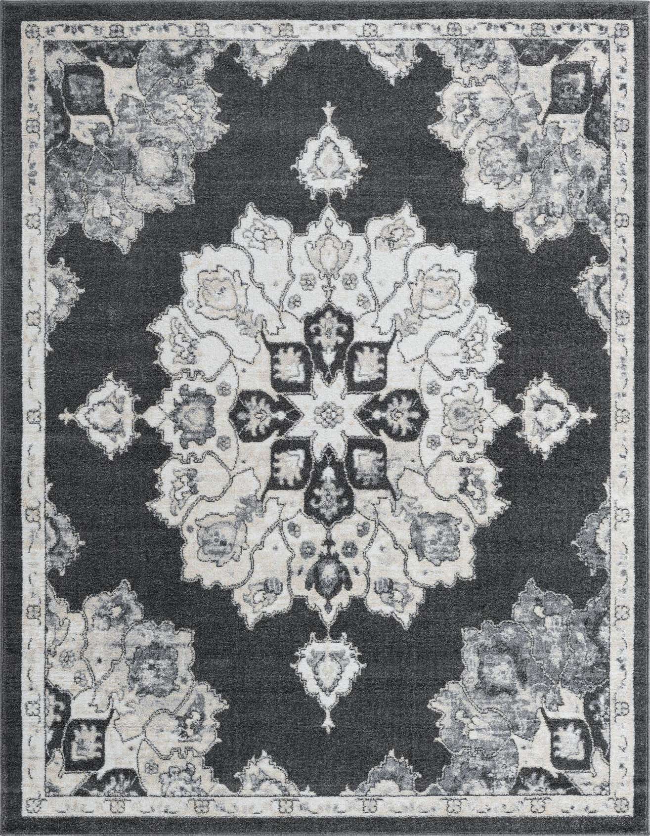 A 6x9 rectangular Rugs.com Parker rug featuring a distressed black, gray, and silver traditional medallion pattern.