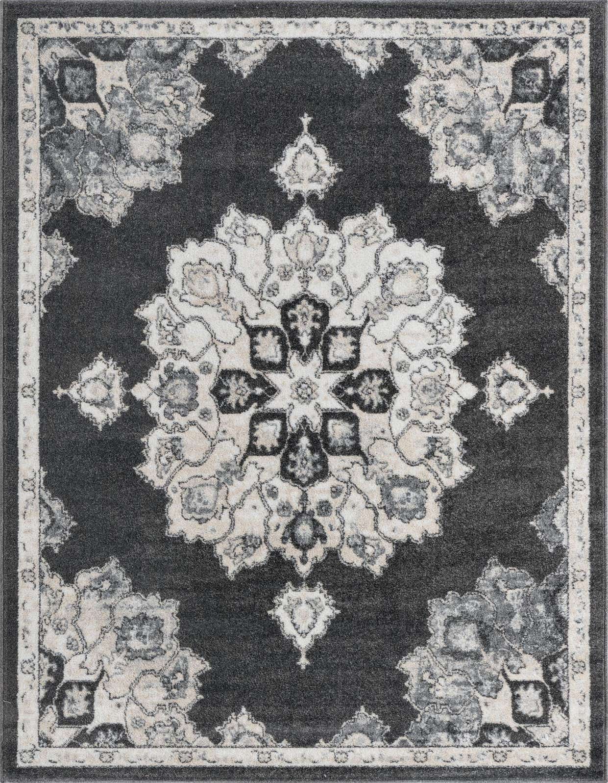 A 5x8 rectangular black and gray traditional medallion rug with a vintage distressed look, suitable for a living room.