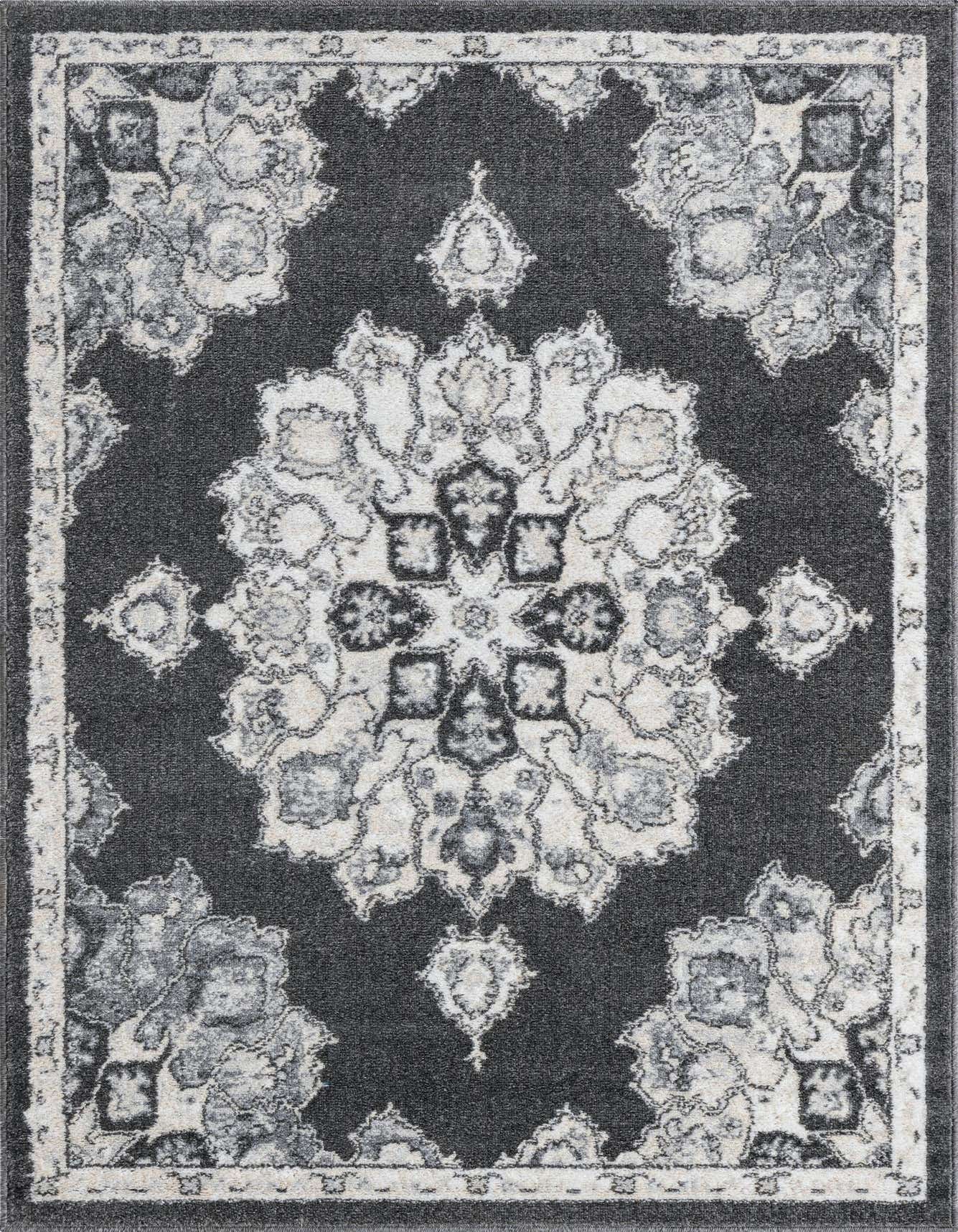 A 4x6 rectangular Rugs.com Parker rug featuring a distressed traditional medallion pattern in black, gray, and silver tones.