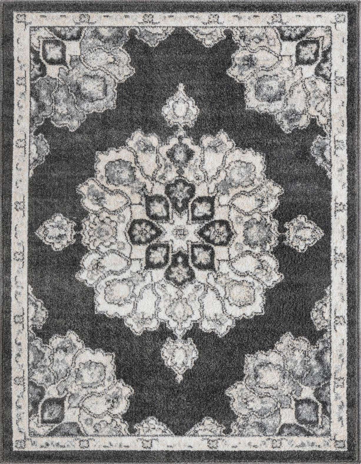 A 3x5 rectangular Rugs.com Parker rug featuring a traditional medallion pattern in black, gray, and silver.