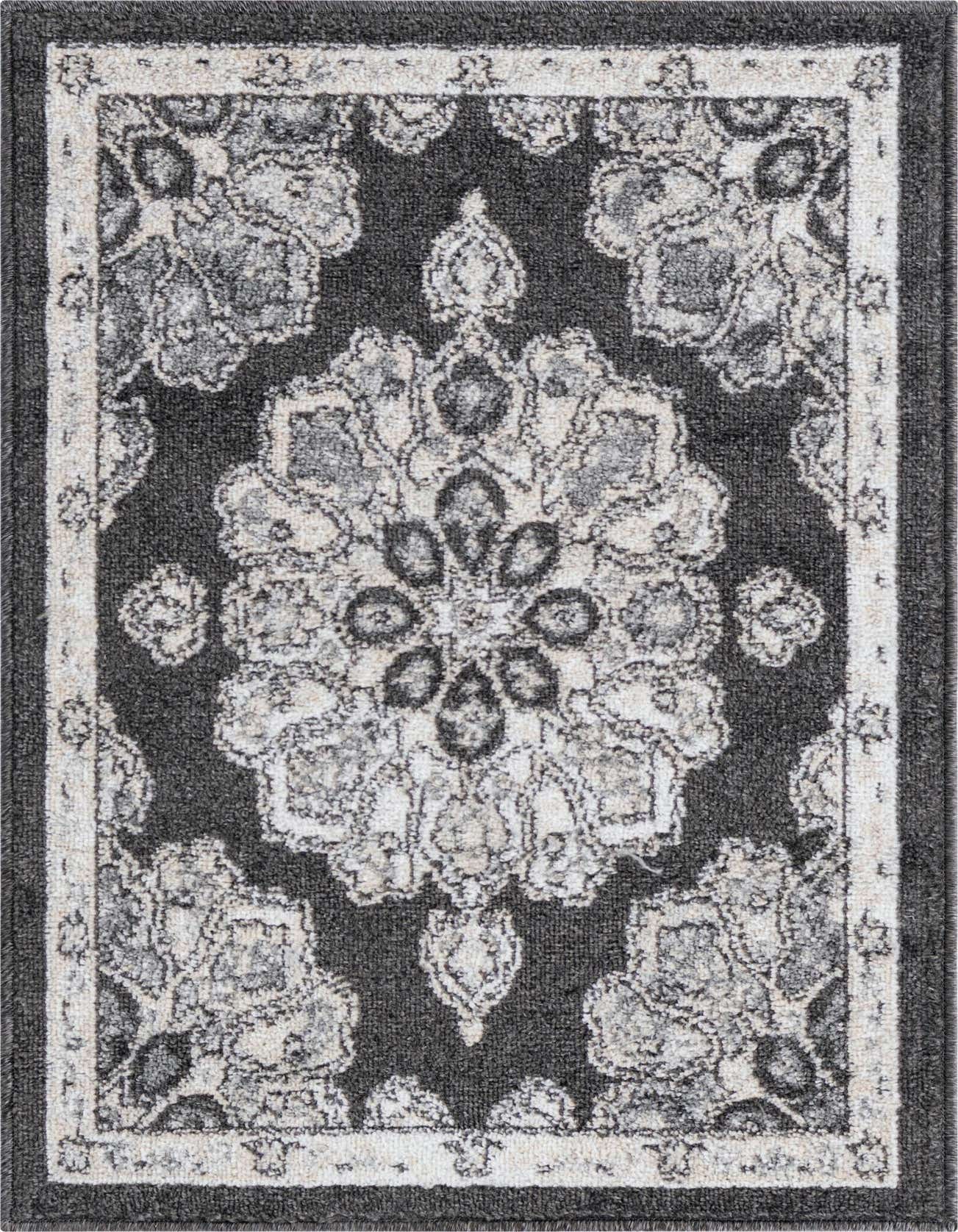 A 2x3 rectangular Parker rug by Rugs.com featuring a vintage medallion pattern in black, gray, and silver tones.