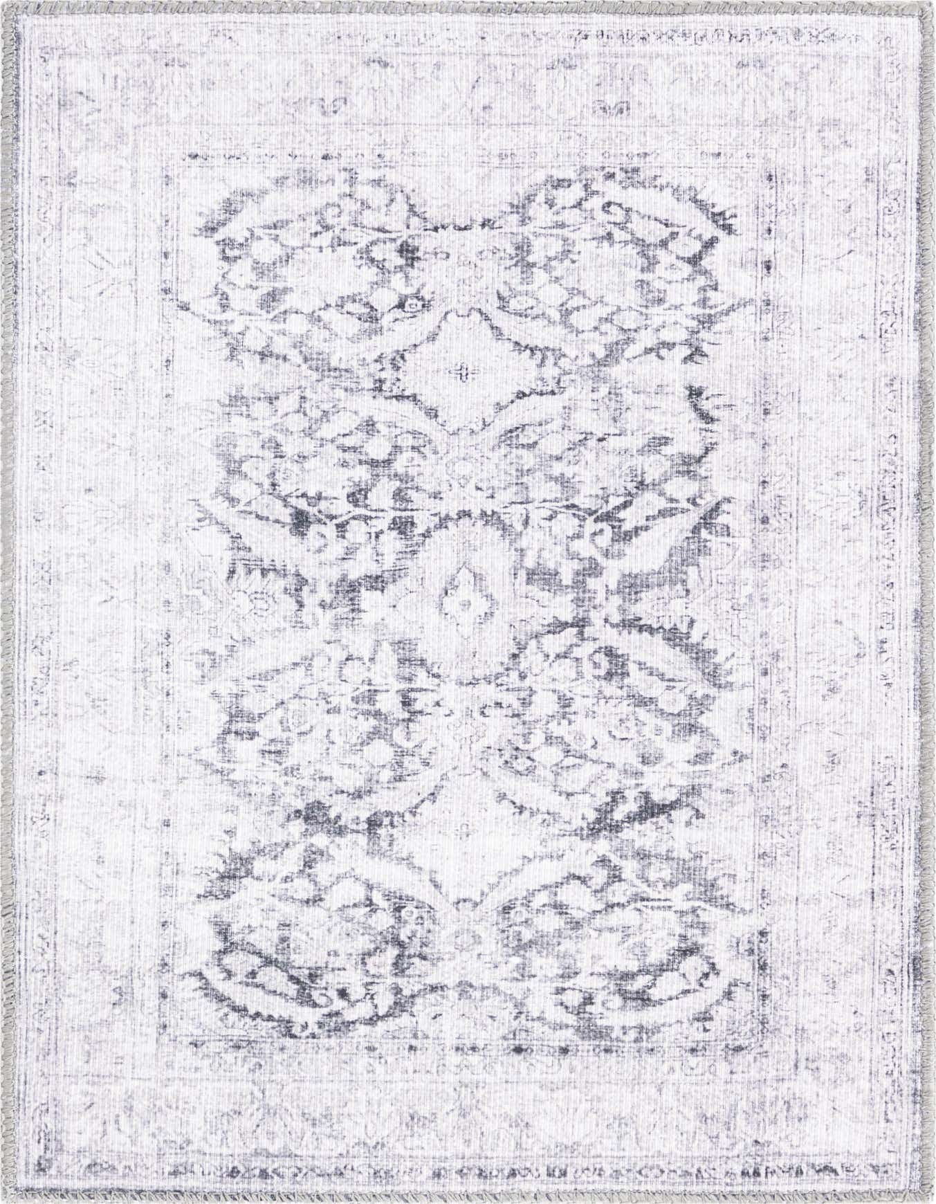 A 2x3 rectangular Rugs.com Timeless rug featuring a faded black and gray traditional pattern on a light background, with a flatweave texture.