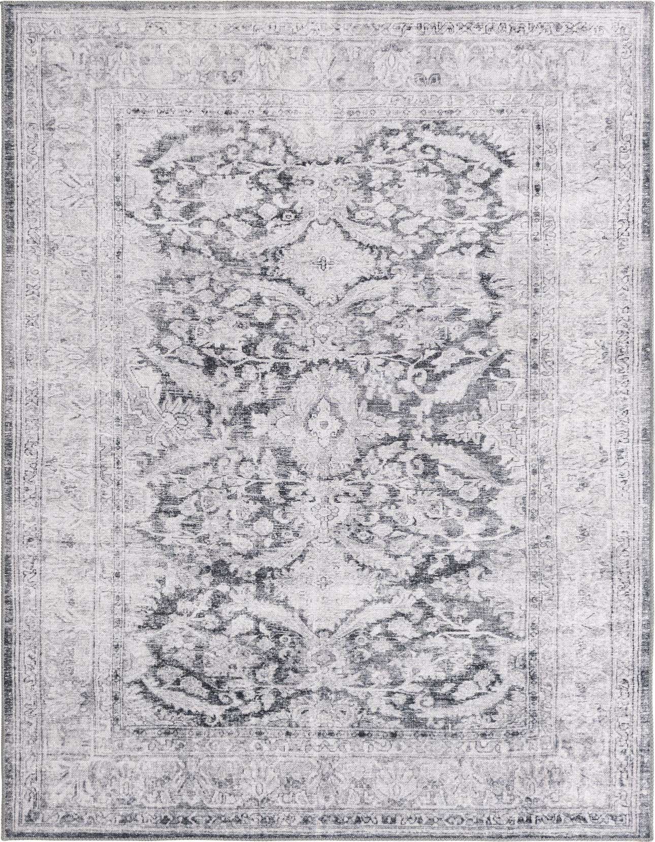 A 5x8 rectangular black and gray traditional area rug with a distressed vintage pattern and ornate border.
