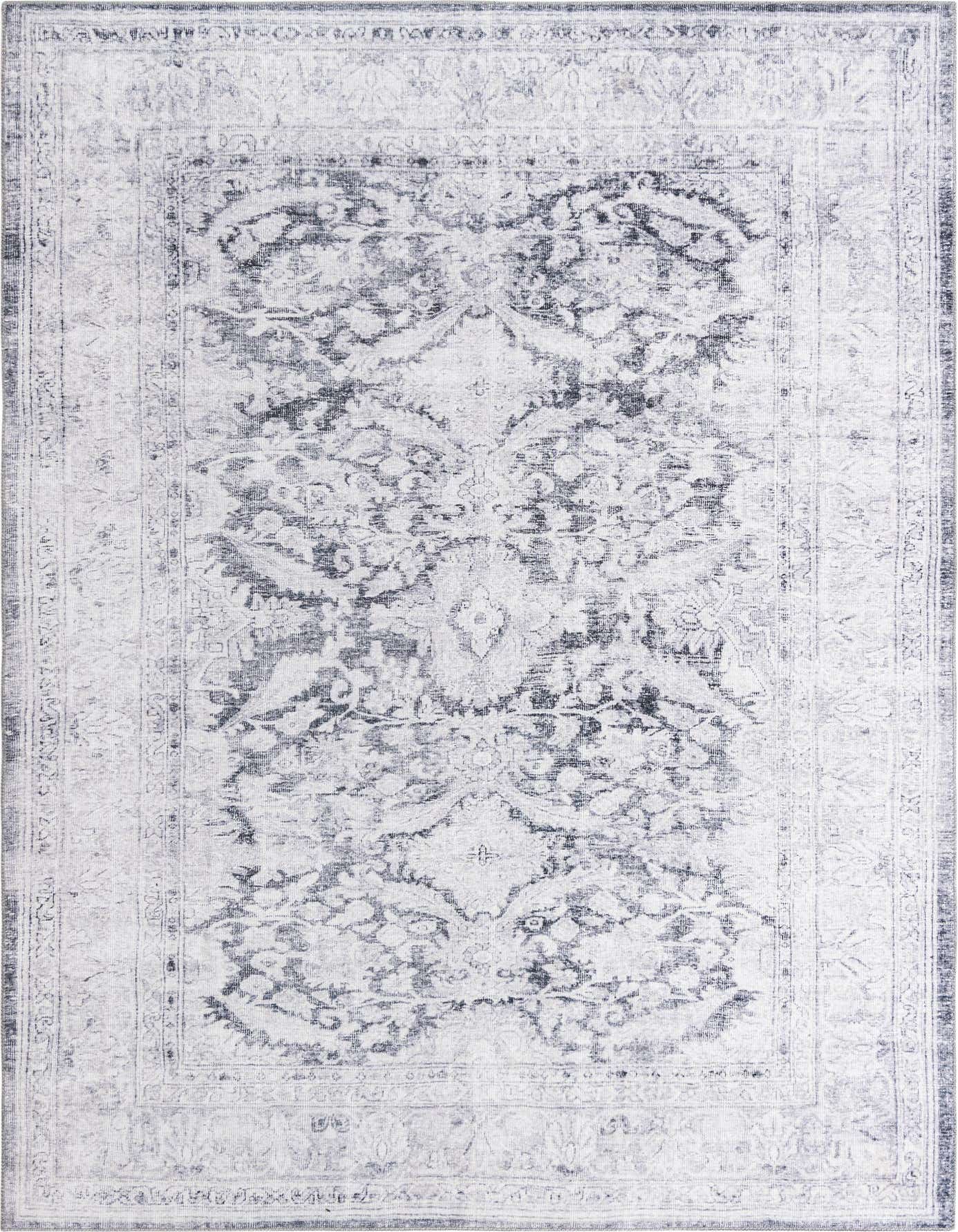 A rectangular 8x12 Timeless Collection rug featuring a distressed traditional pattern in black and gray tones.
