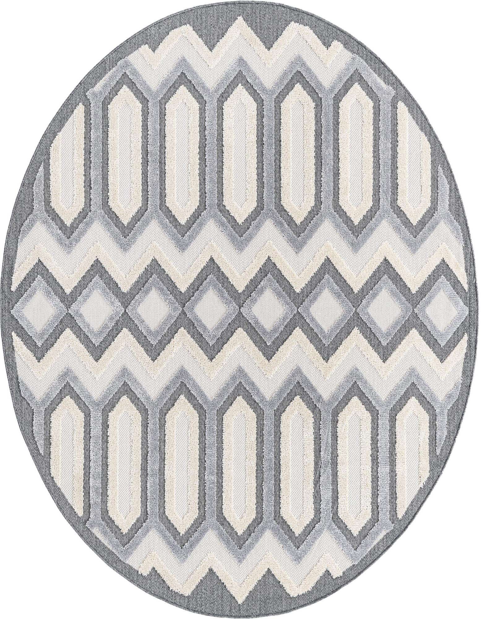A round 7' gray and off-white rug with a modern tribal pattern featuring geometric shapes and zigzags.