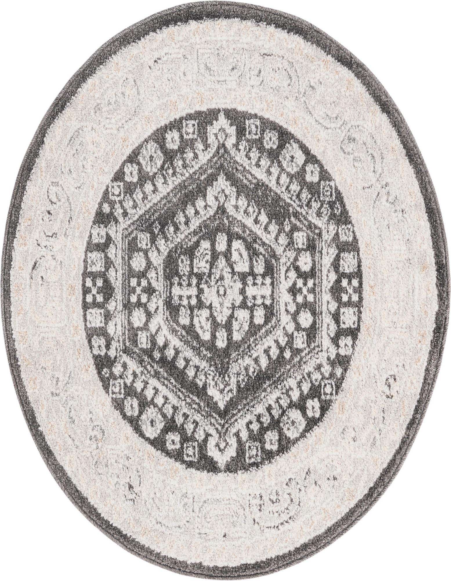 A 3' round black and gray traditional medallion rug with a thin pile, suitable for indoor spaces.