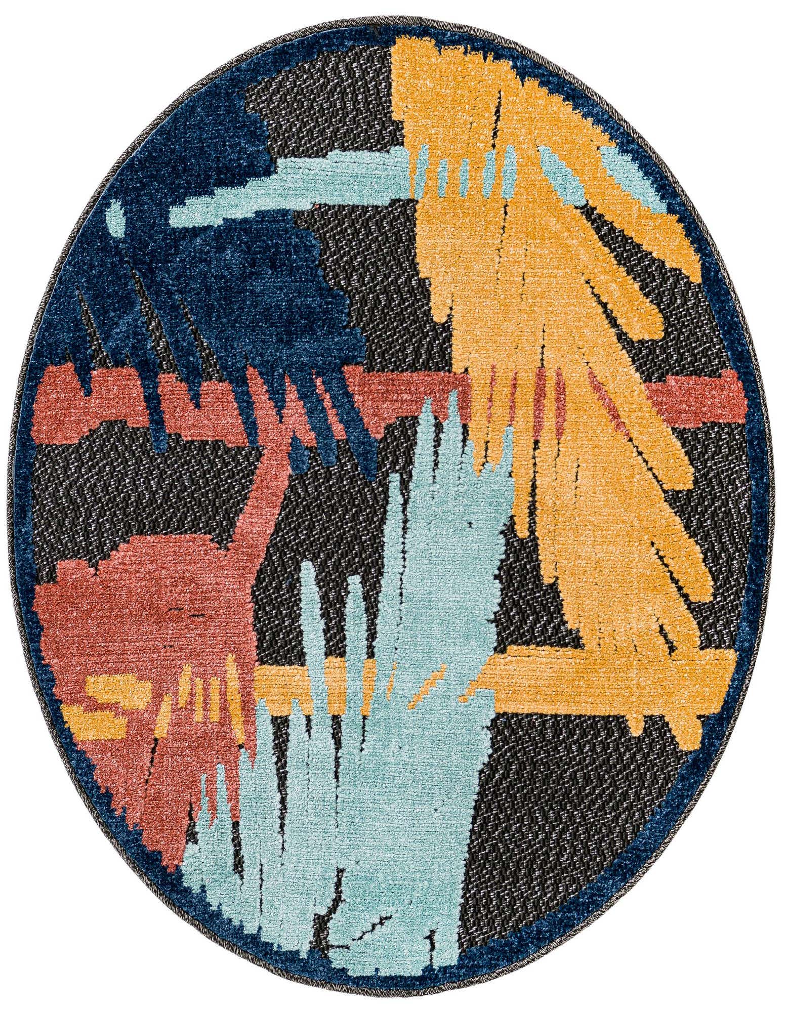 A 3' 3 x 3' 3 round black indoor/outdoor rug with an abstract coastal botanical pattern in blue, orange, and teal.