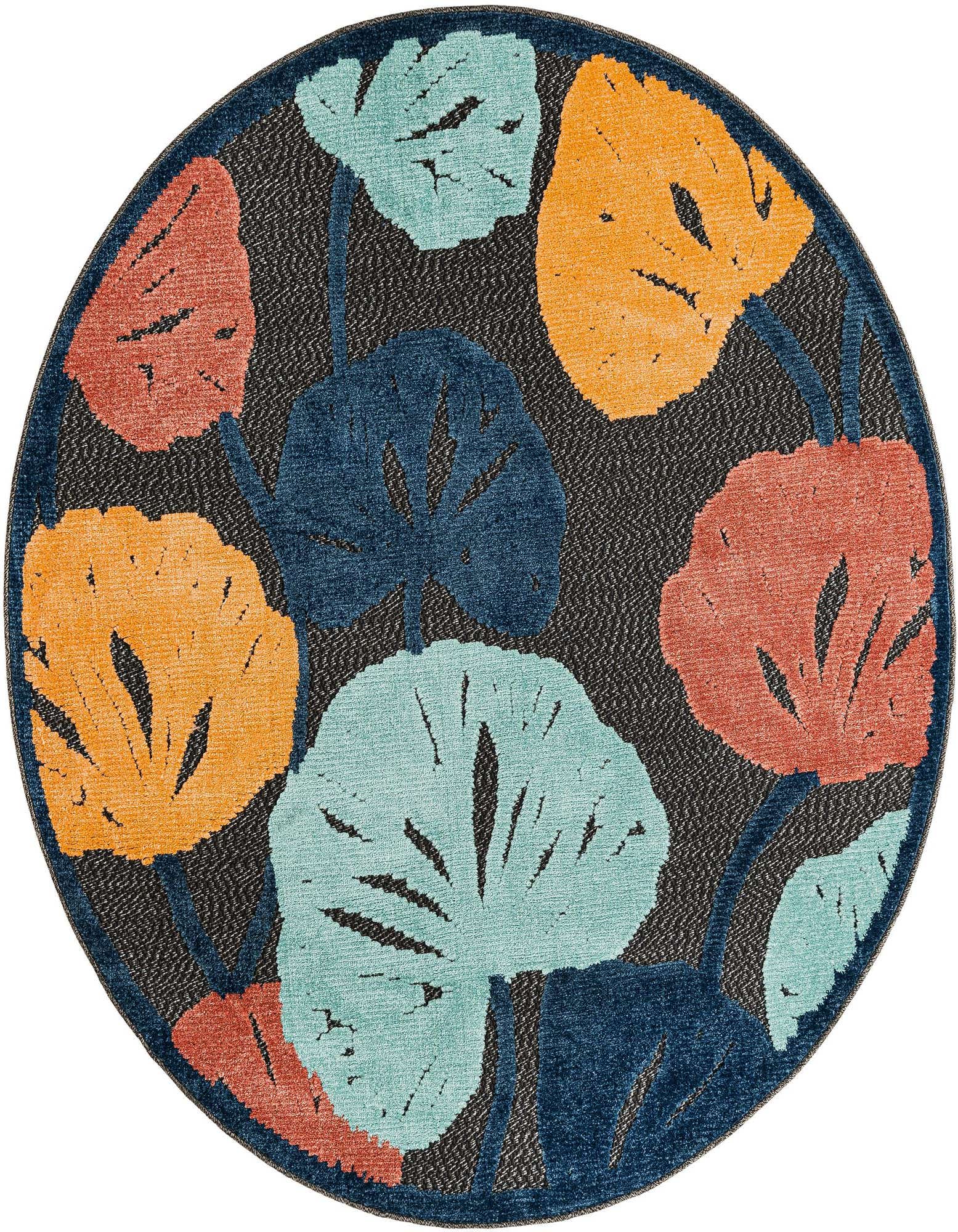 A round black rug with large, colorful botanical leaves in teal, orange, and coral, suitable for a patio.