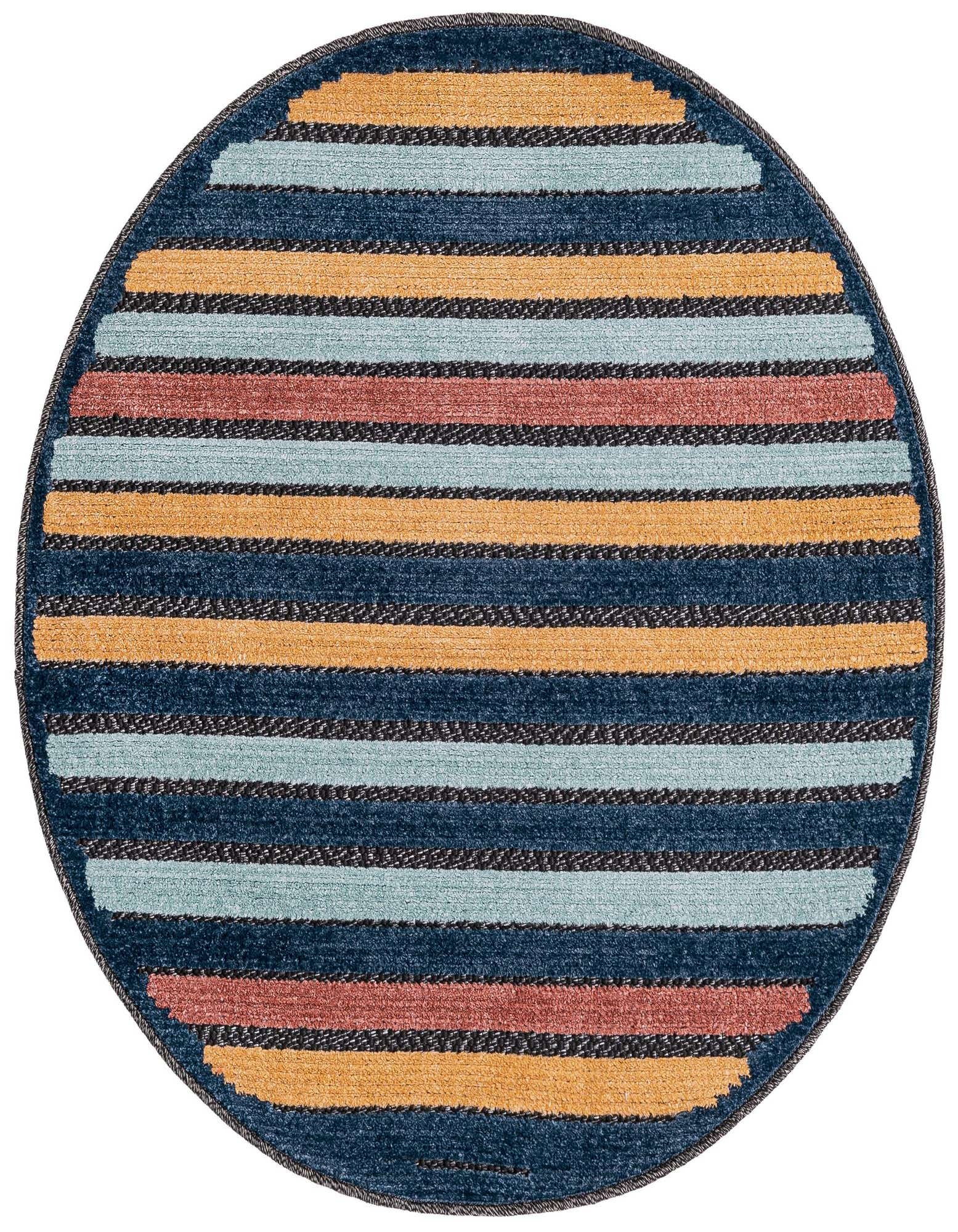 Rugs.com Belize Outdoor 3' 3 round rug featuring textured stripes in various shades of blue, orange, and red on a dark background.