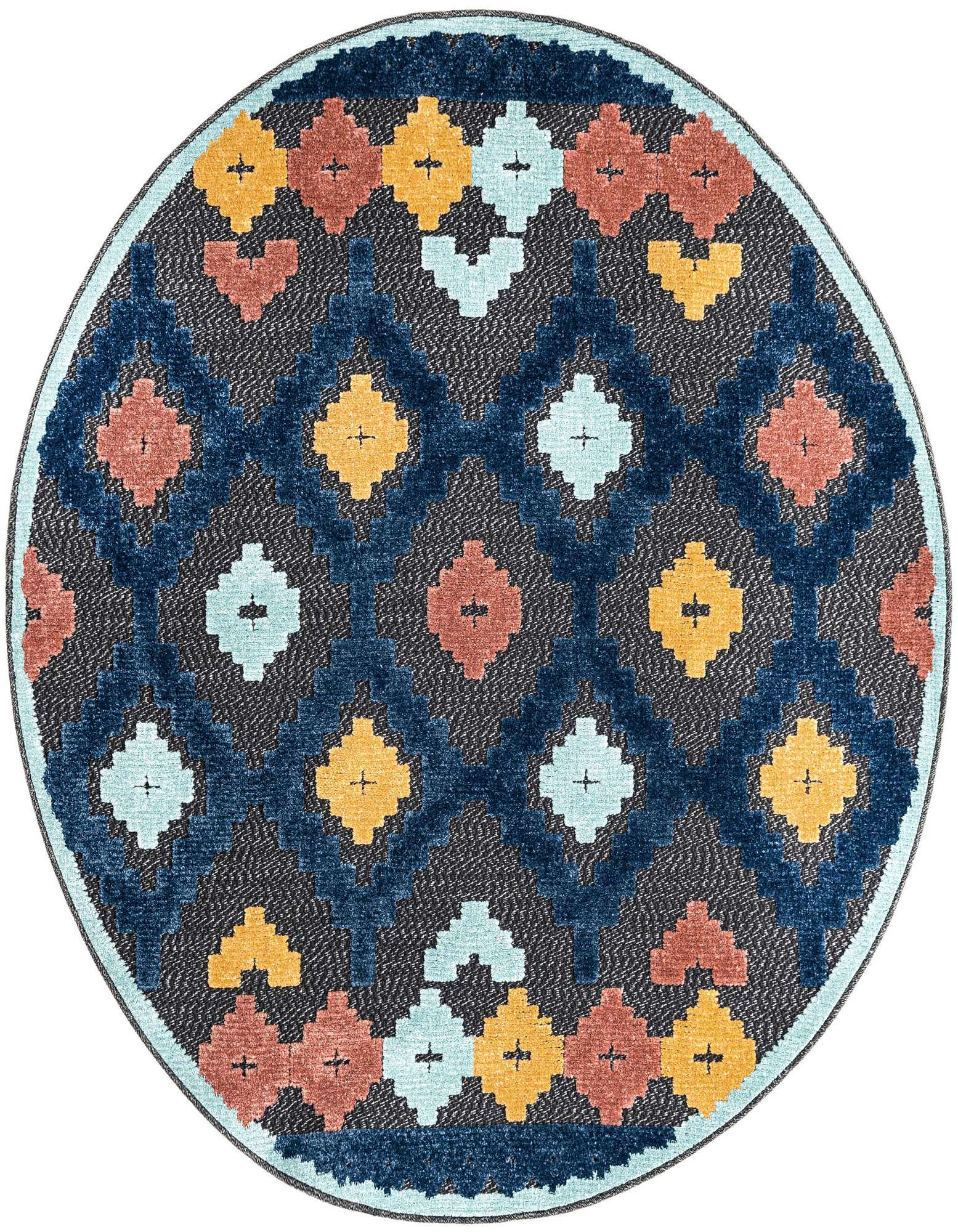 A round black and gray outdoor rug with a colorful bohemian trellis pattern in blue, orange, and yellow.